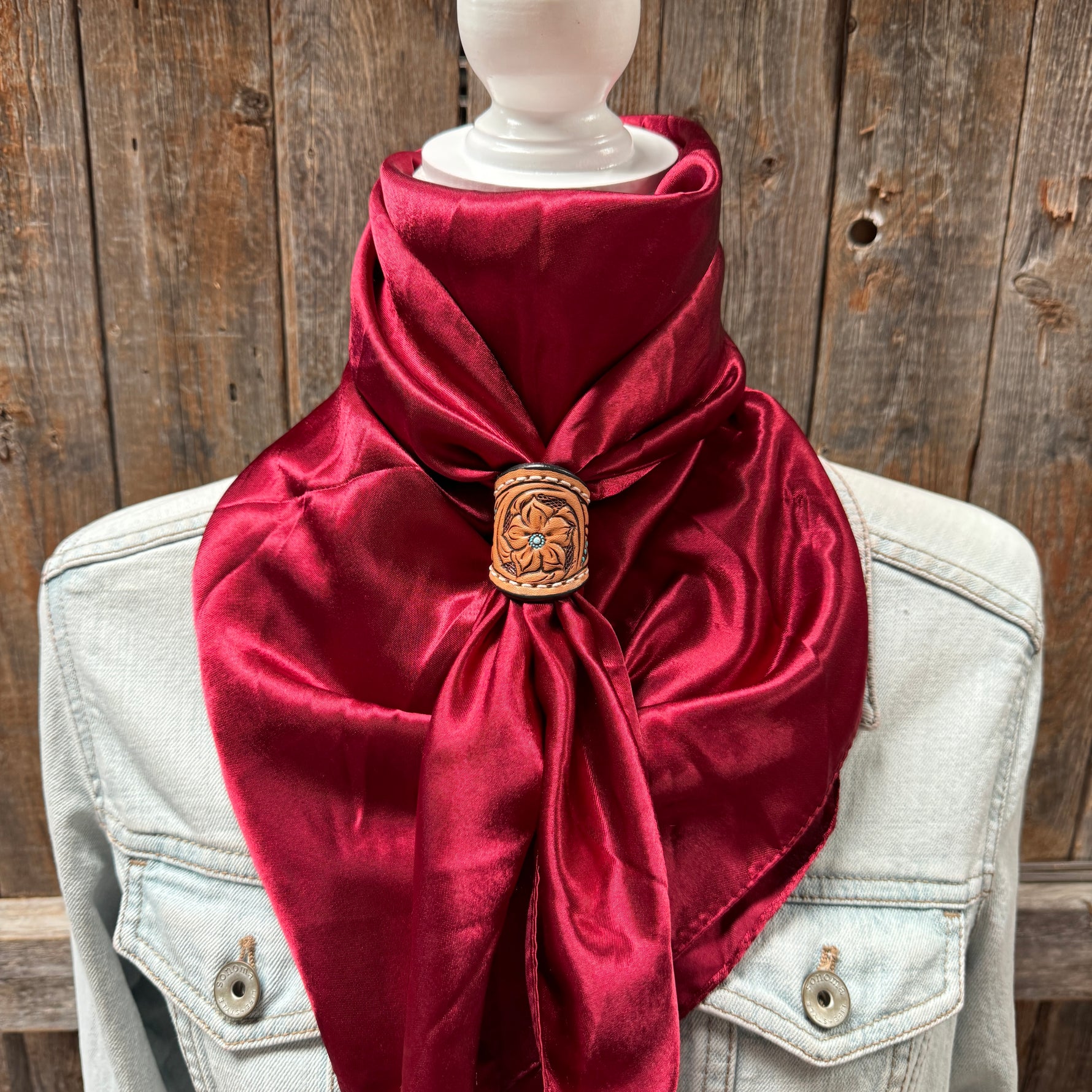 35X35" Solid Burgundy Wild Rag / Scarf WRS14 - Tooled Leather Wild Rag Slides - Assorted