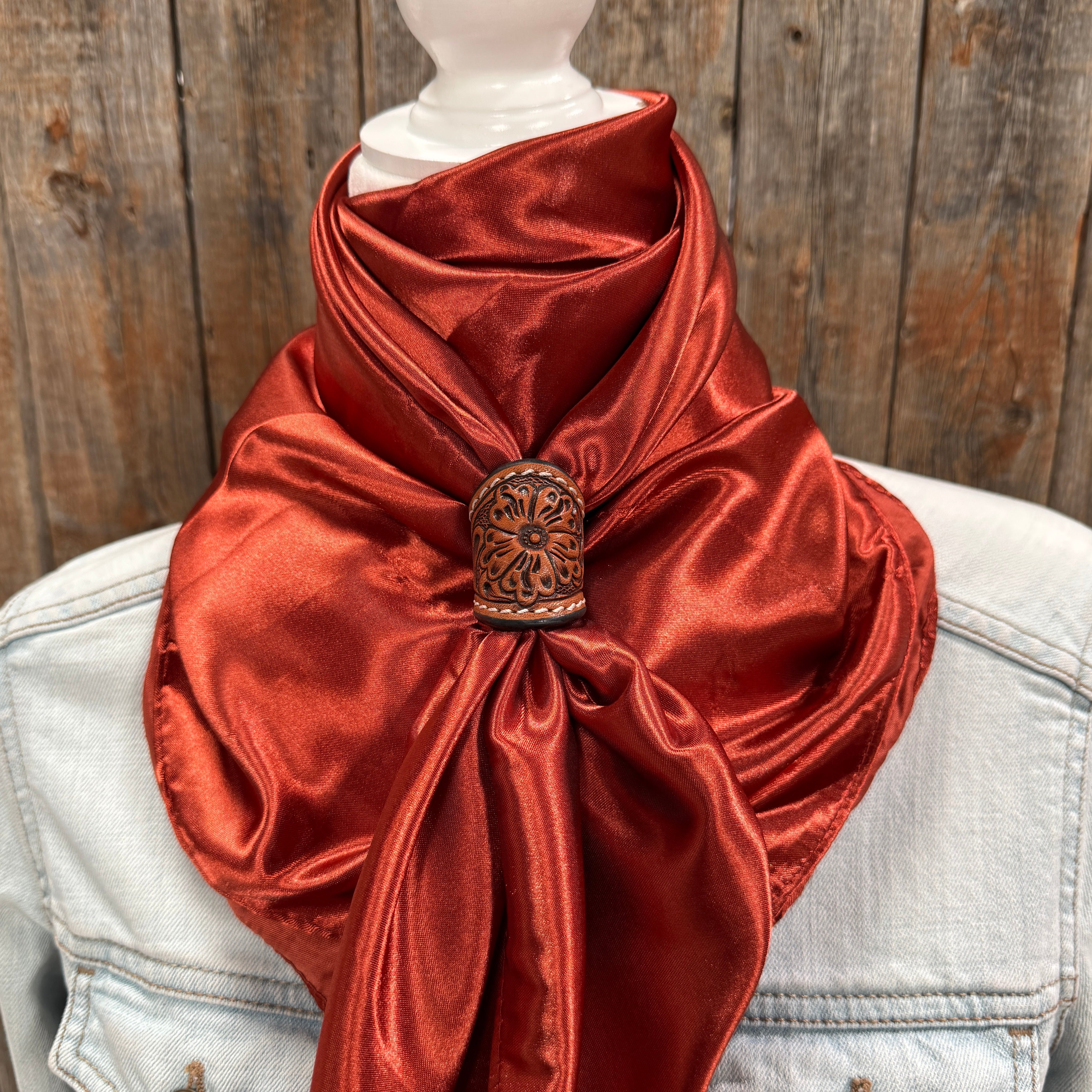 35X35" Solid Rust Wild Rag / Scarf WRS16 - Tooled Leather Wild Rag Slides - Assorted