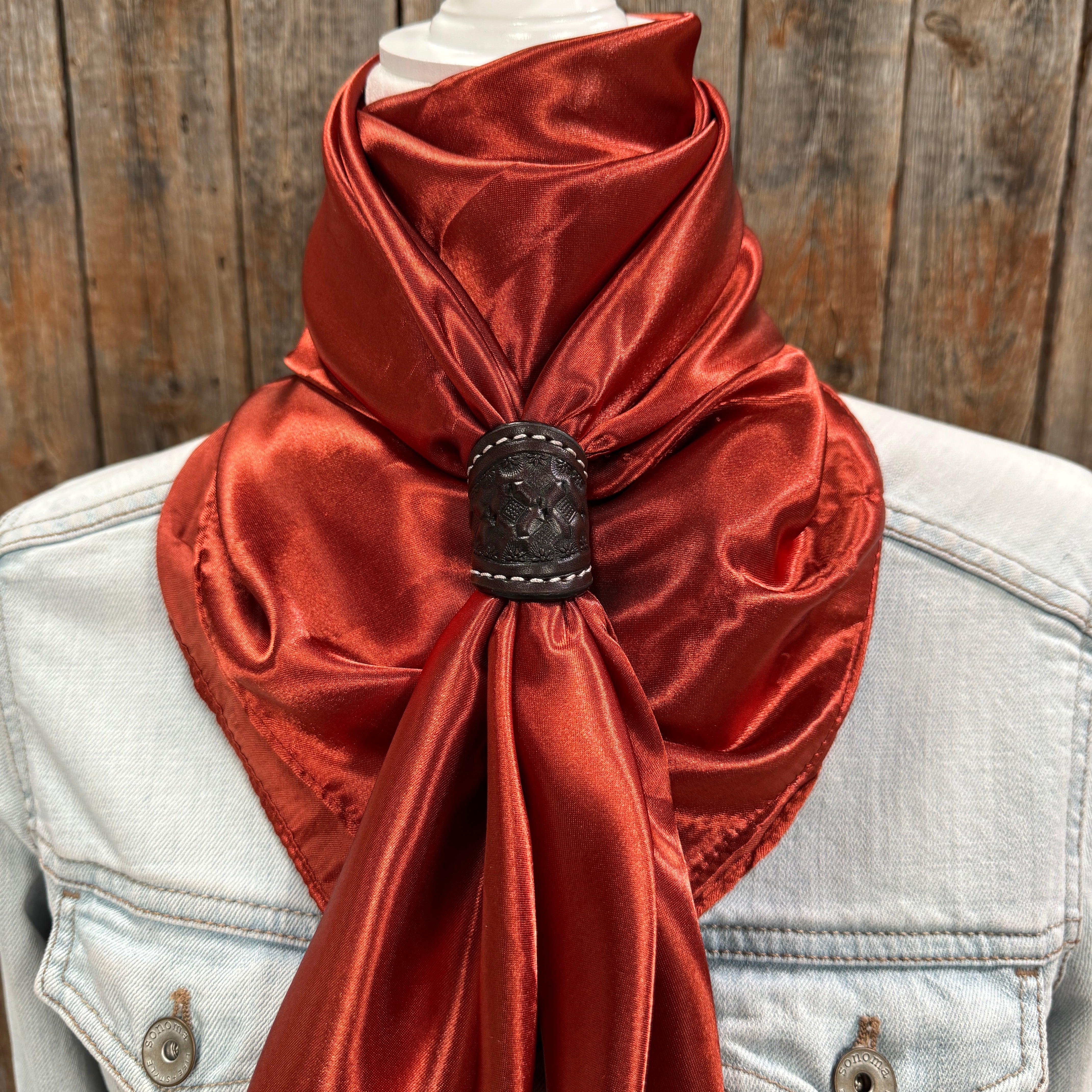 35X35" Solid Rust Wild Rag / Scarf WRS16 - Tooled Leather Wild Rag Slides - Assorted