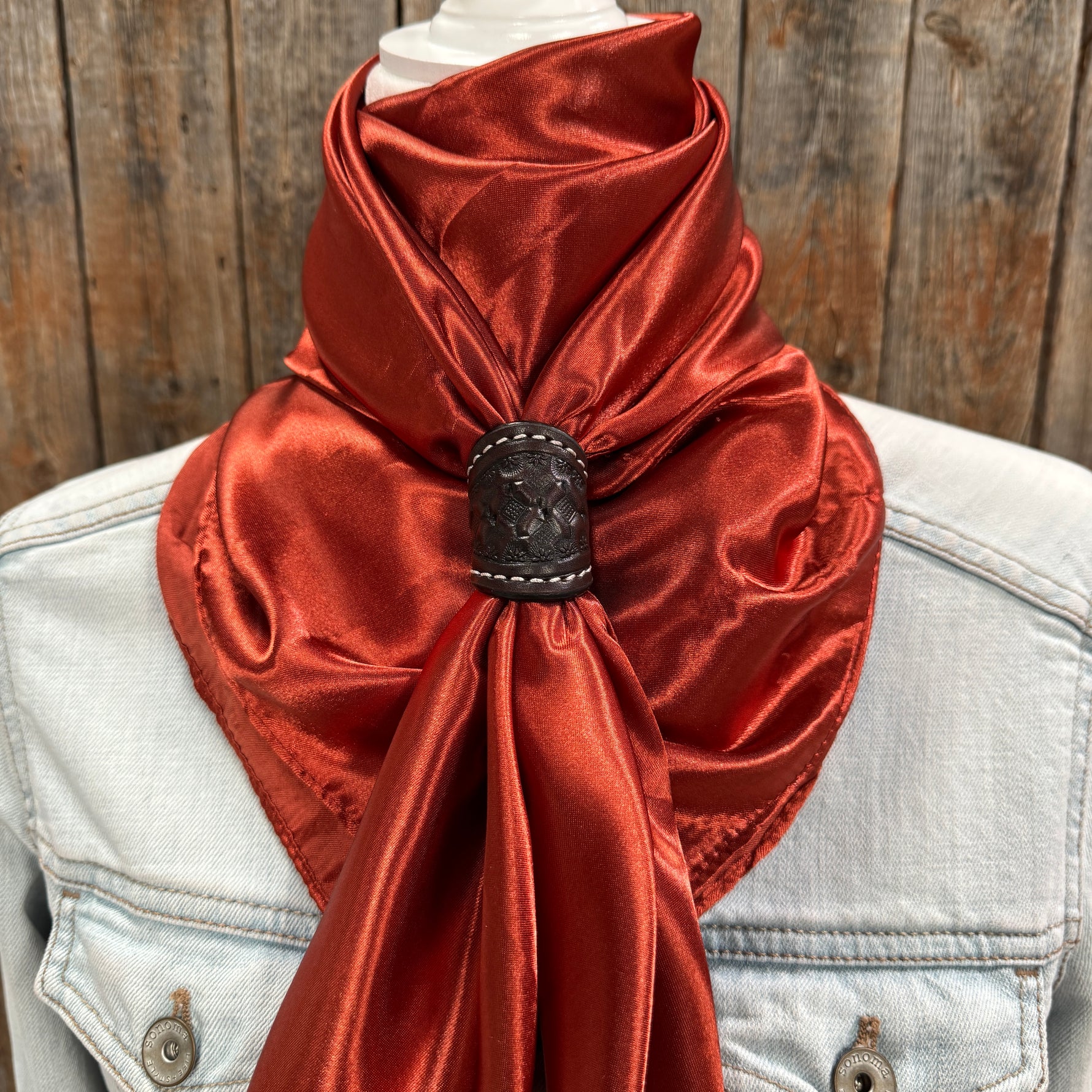 35X35" Solid Rust Wild Rag / Scarf WRS16 - Tooled Leather Wild Rag Slides - Assorted