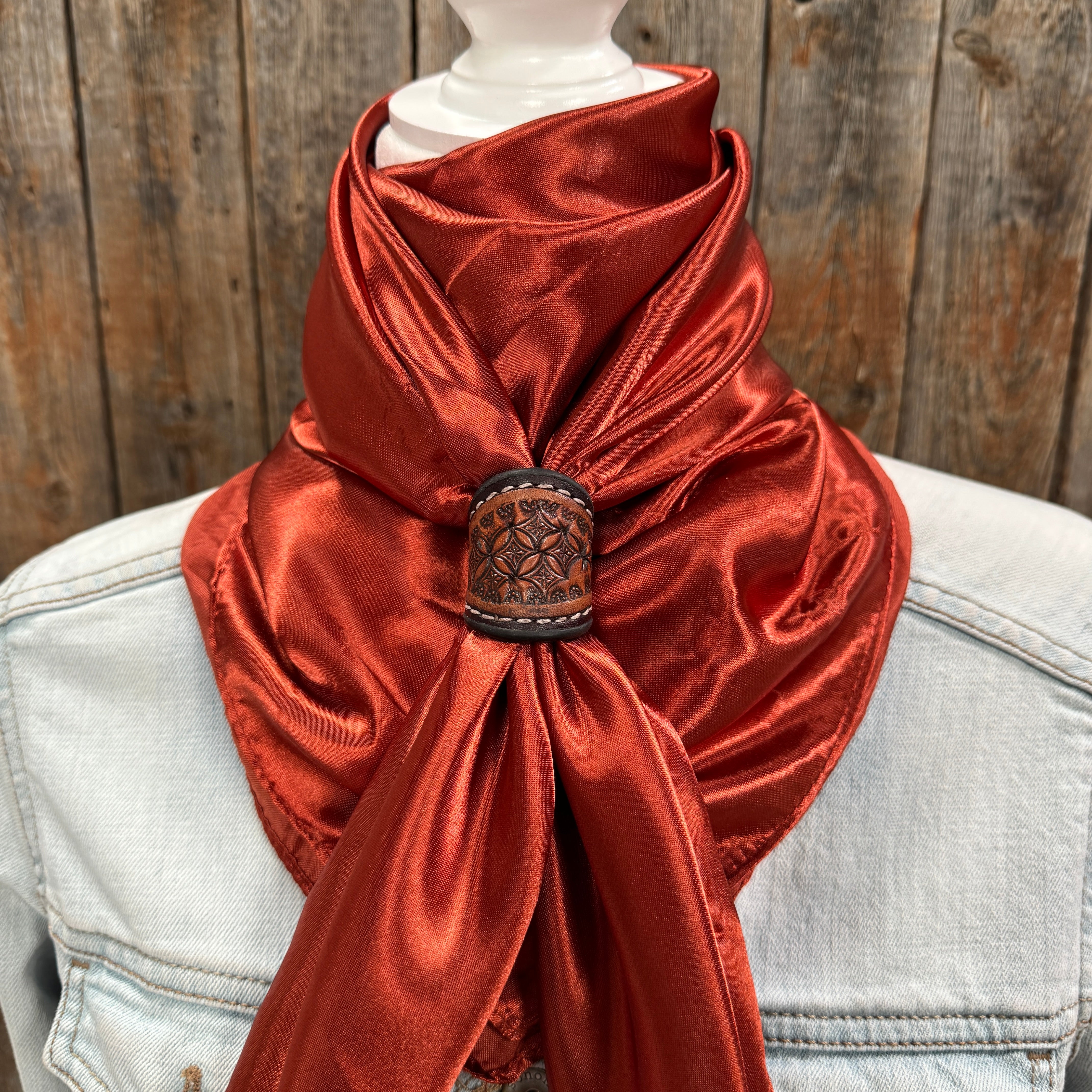 35X35" Solid Rust Wild Rag / Scarf WRS16 - Tooled Leather Wild Rag Slides - Assorted