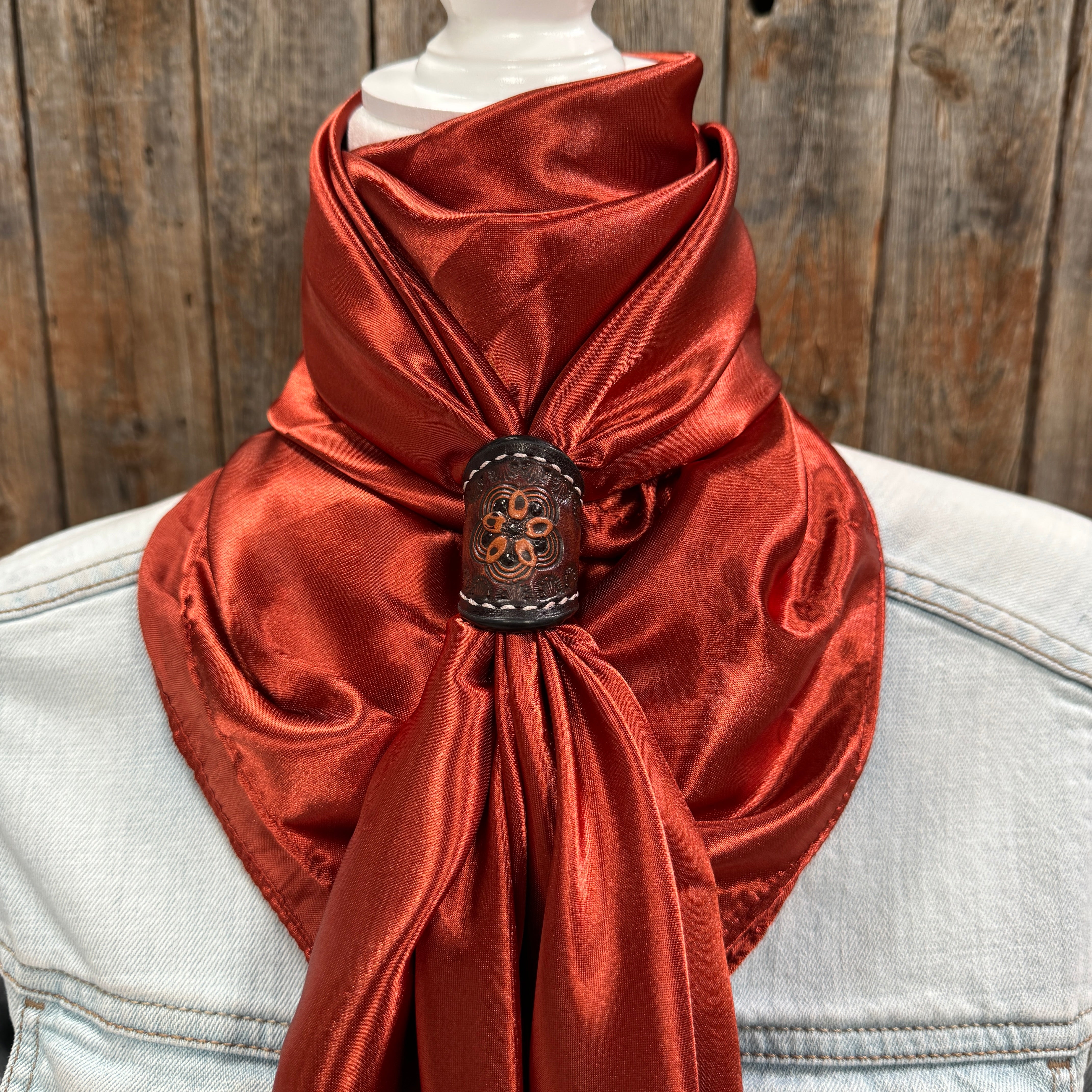 35X35" Solid Rust Wild Rag / Scarf WRS16 - Tooled Leather Wild Rag Slides - Assorted