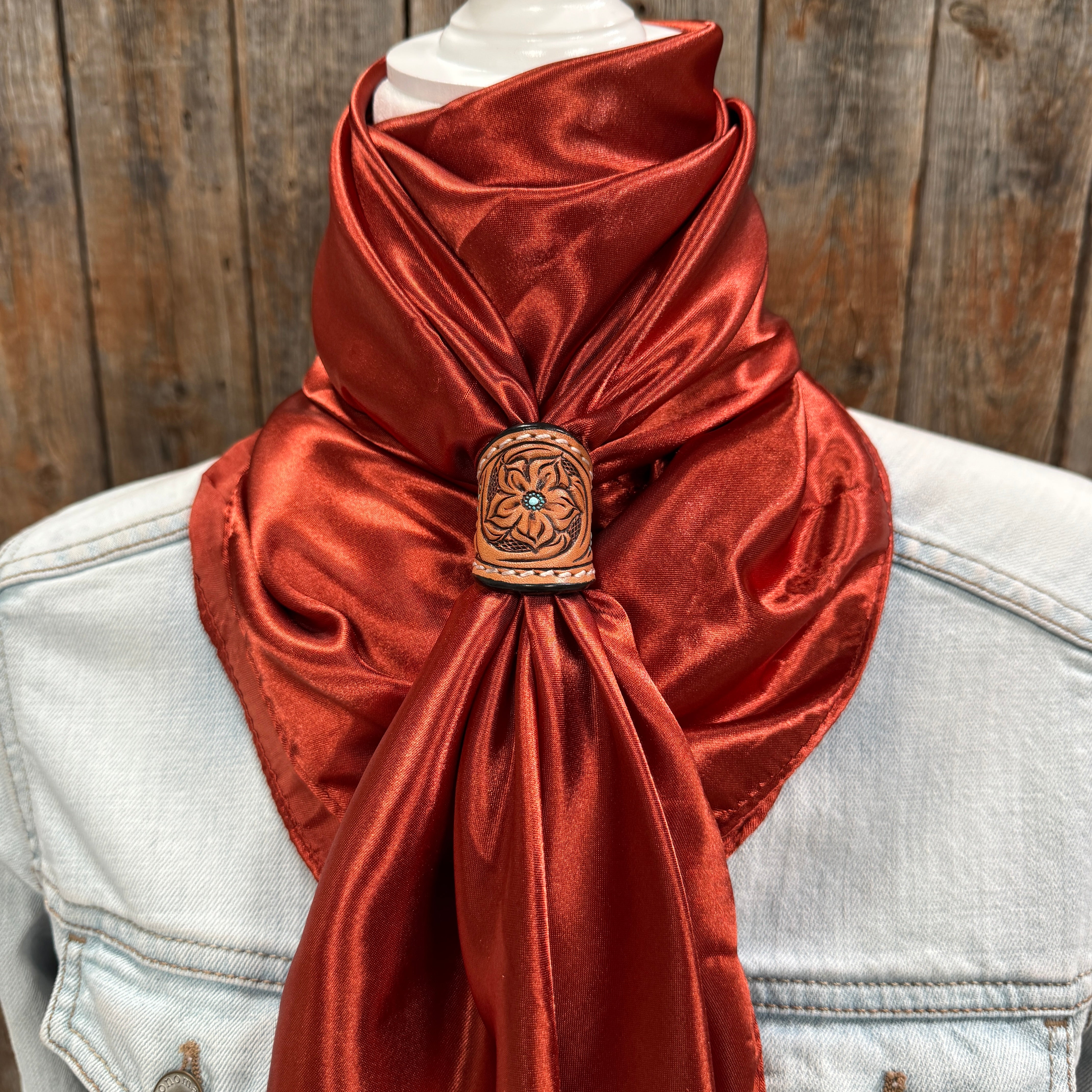 35X35" Solid Rust Wild Rag / Scarf WRS16 - Tooled Leather Wild Rag Slides - Assorted