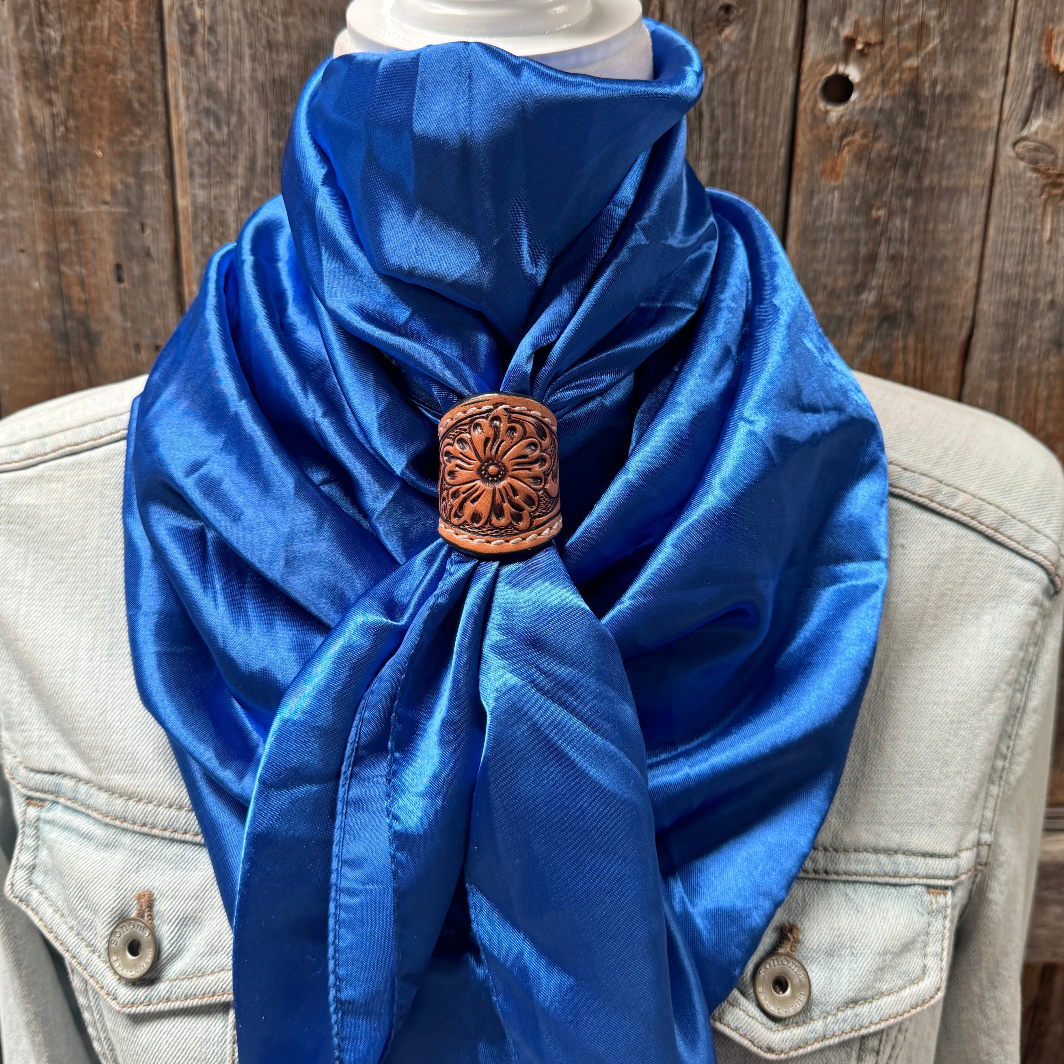 35X35" Solid Electric Blue Wild Rag / Scarf WRS17- Tooled Leather Wild Rag Slides - Assorted