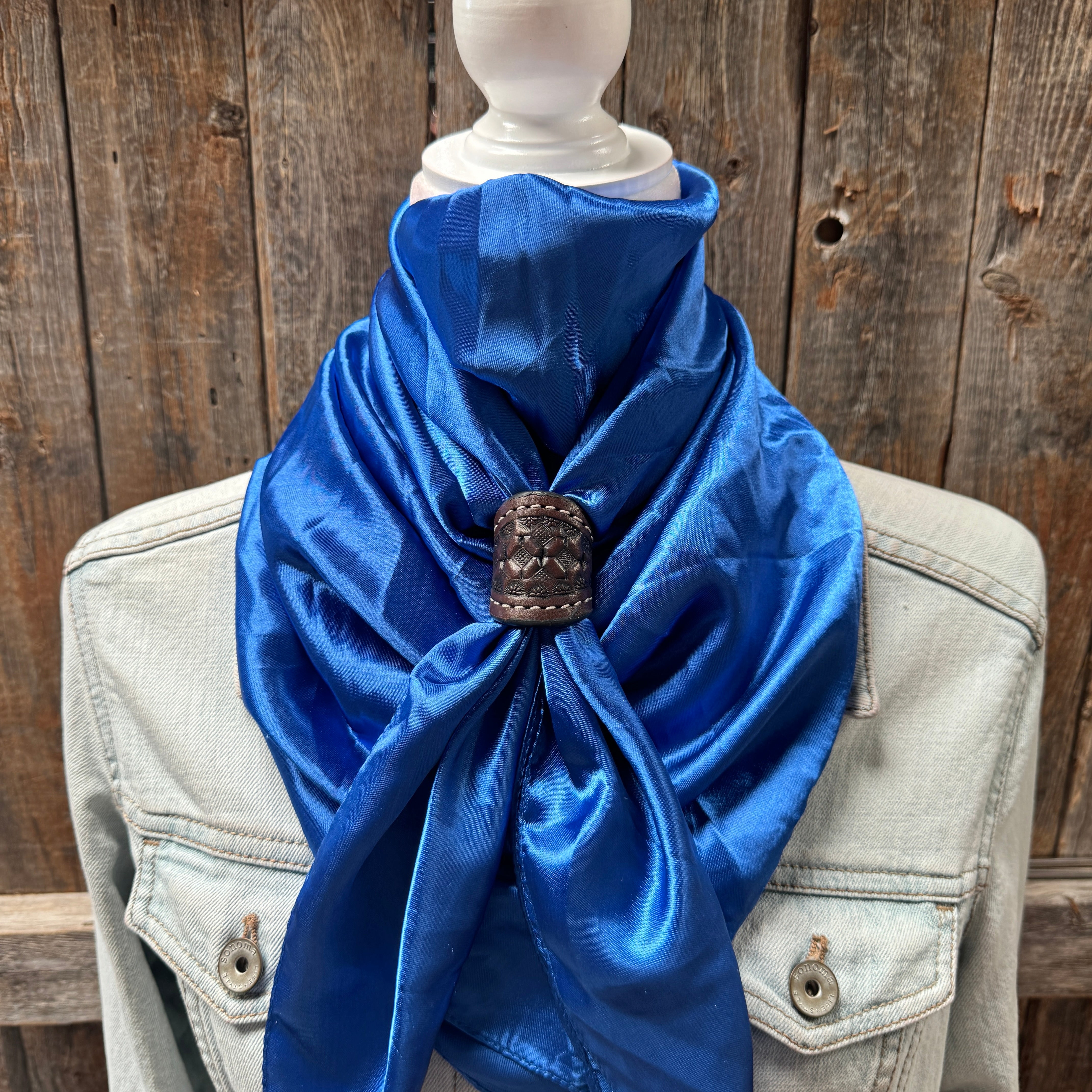 35X35" Solid Electric Blue Wild Rag / Scarf WRS17- Tooled Leather Wild Rag Slides - Assorted