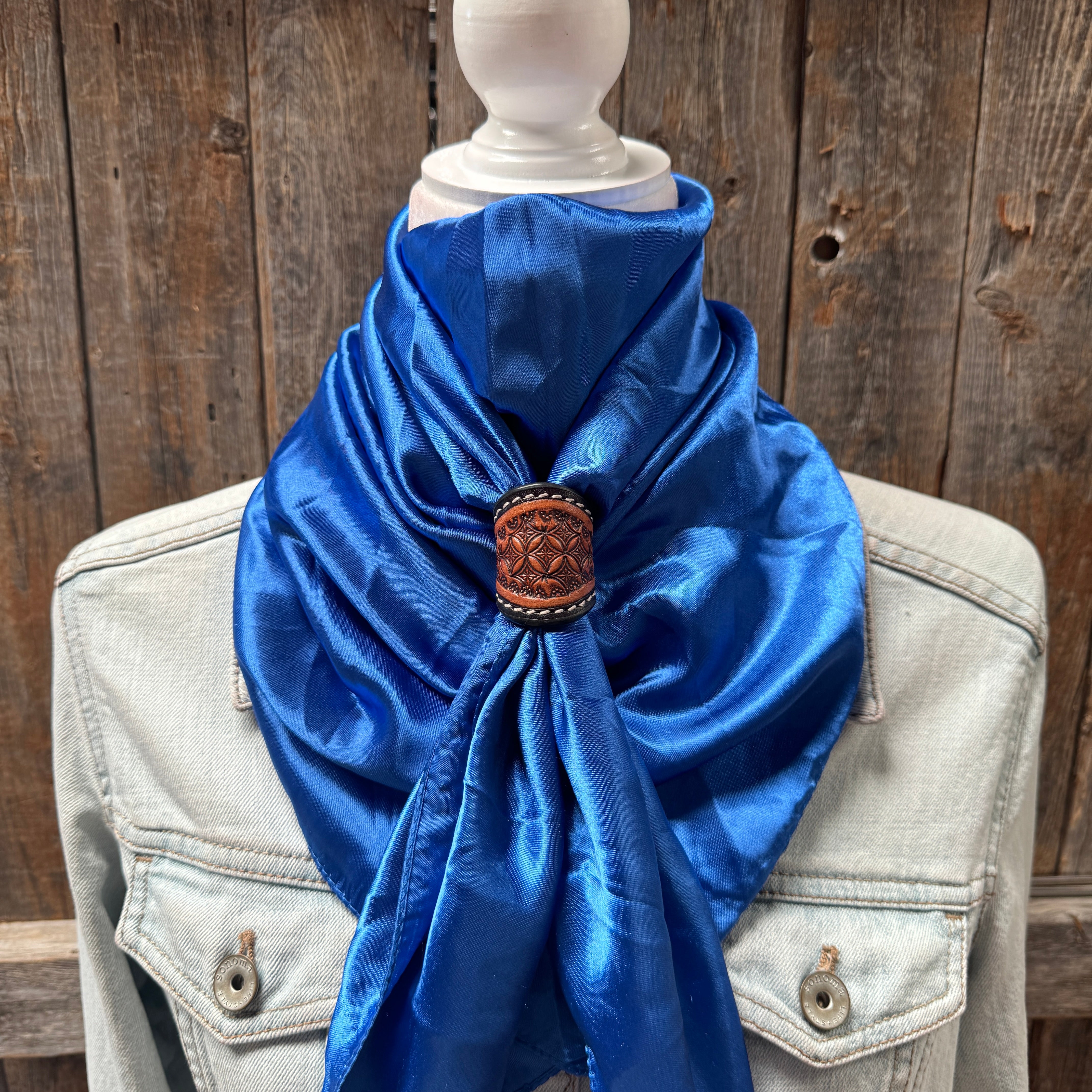 35X35" Solid Electric Blue Wild Rag / Scarf WRS17- Tooled Leather Wild Rag Slides - Assorted