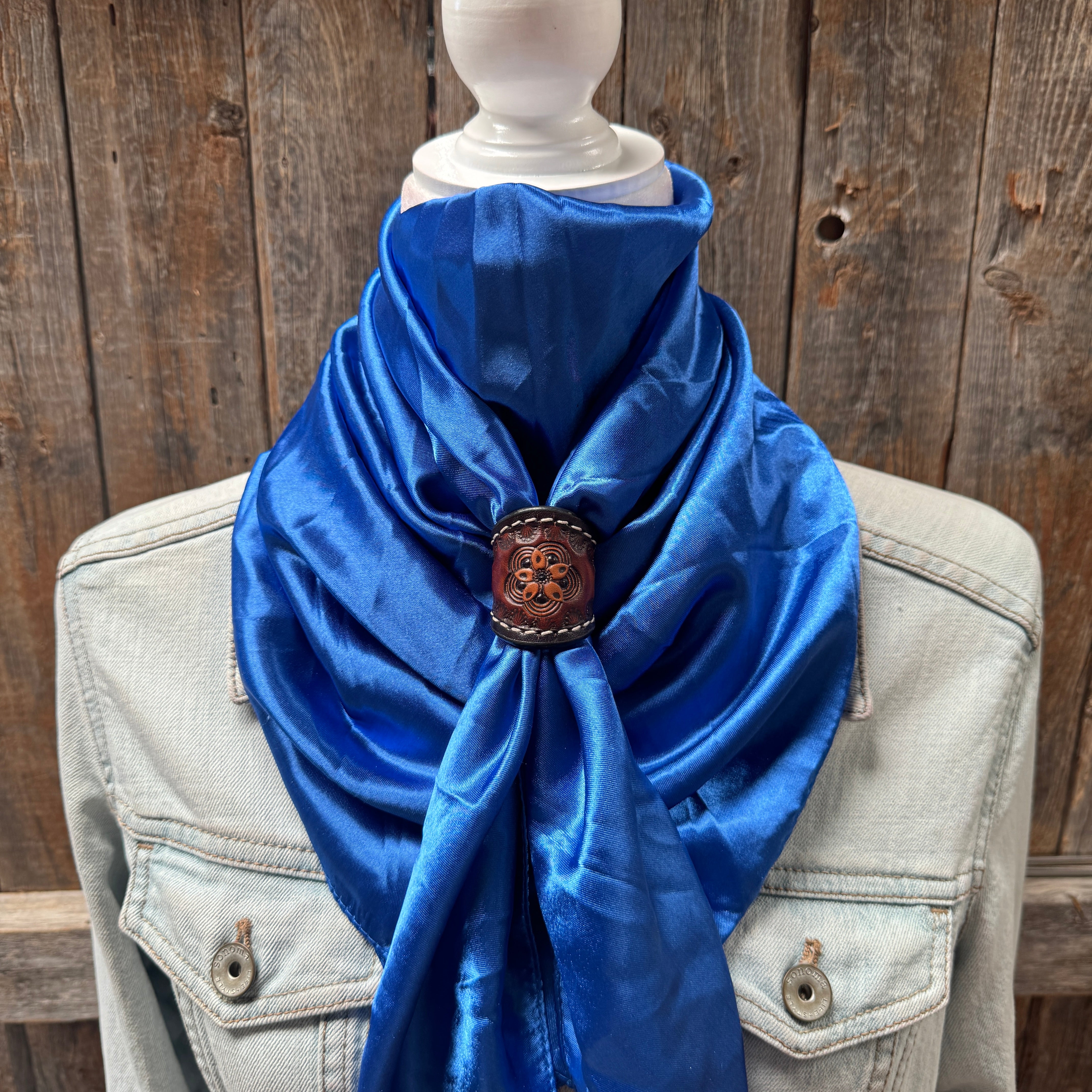 35X35" Solid Electric Blue Wild Rag / Scarf WRS17- Tooled Leather Wild Rag Slides - Assorted