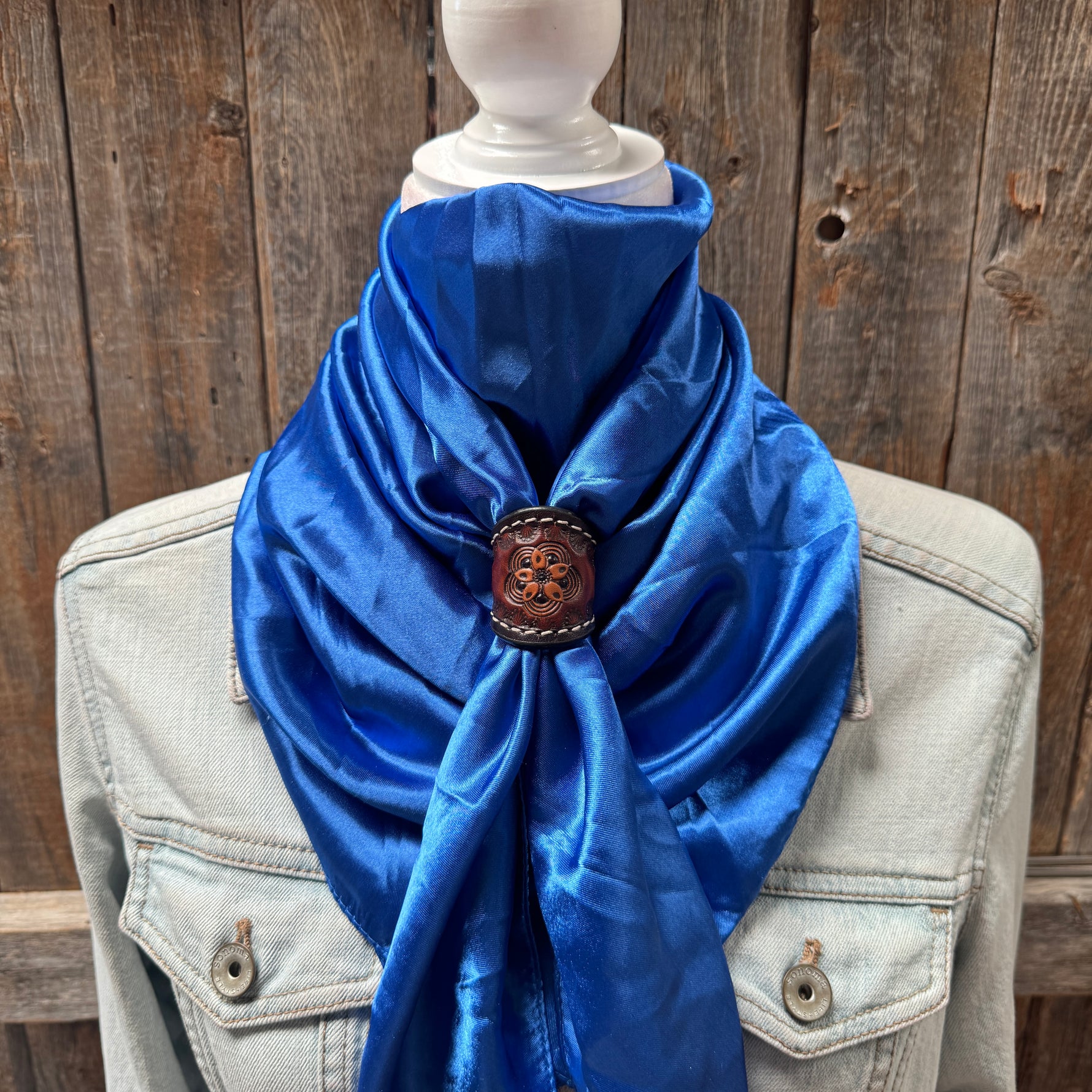 35X35" Solid Electric Blue Wild Rag / Scarf WRS17- Tooled Leather Wild Rag Slides - Assorted