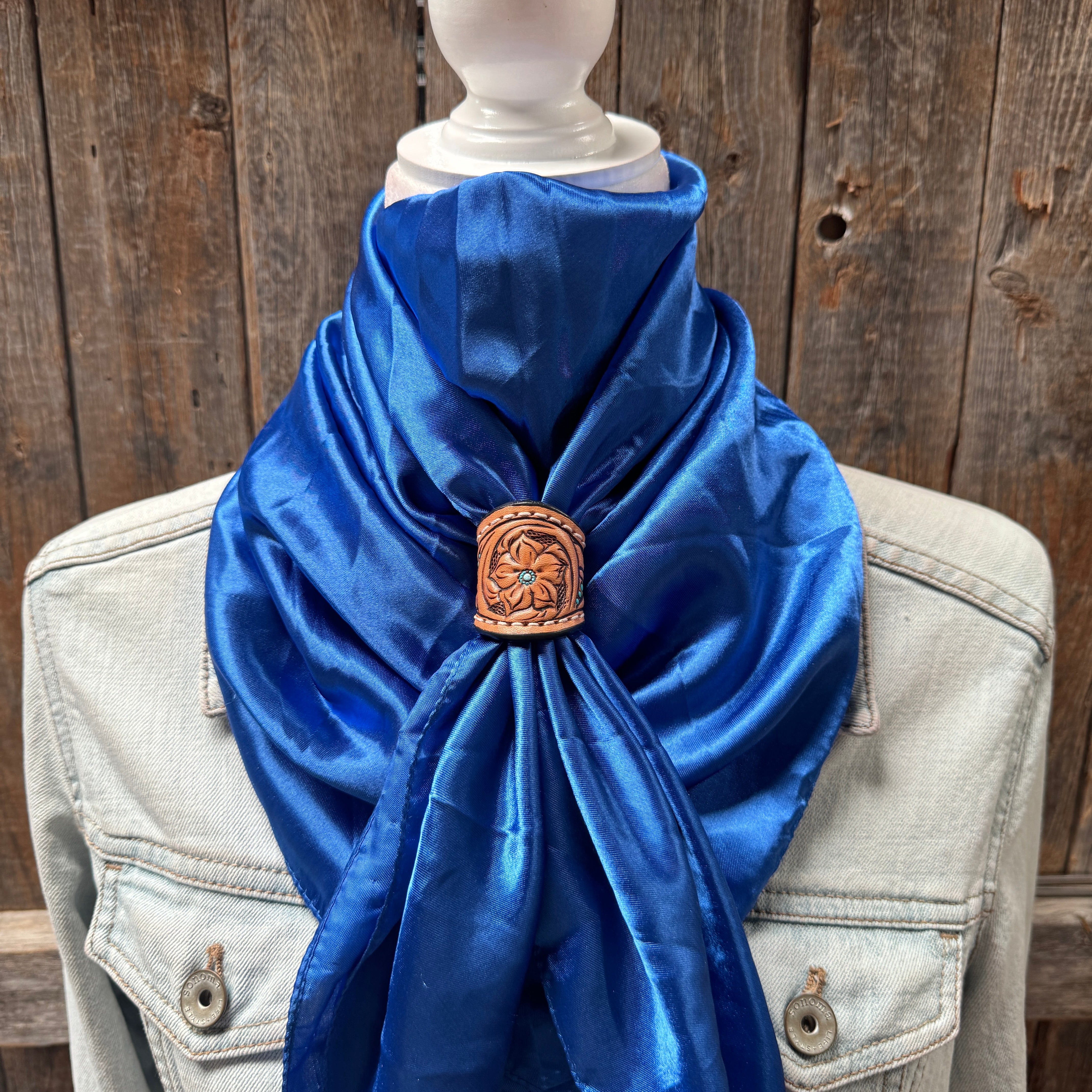 35X35" Solid Electric Blue Wild Rag / Scarf WRS17- Tooled Leather Wild Rag Slides - Assorted