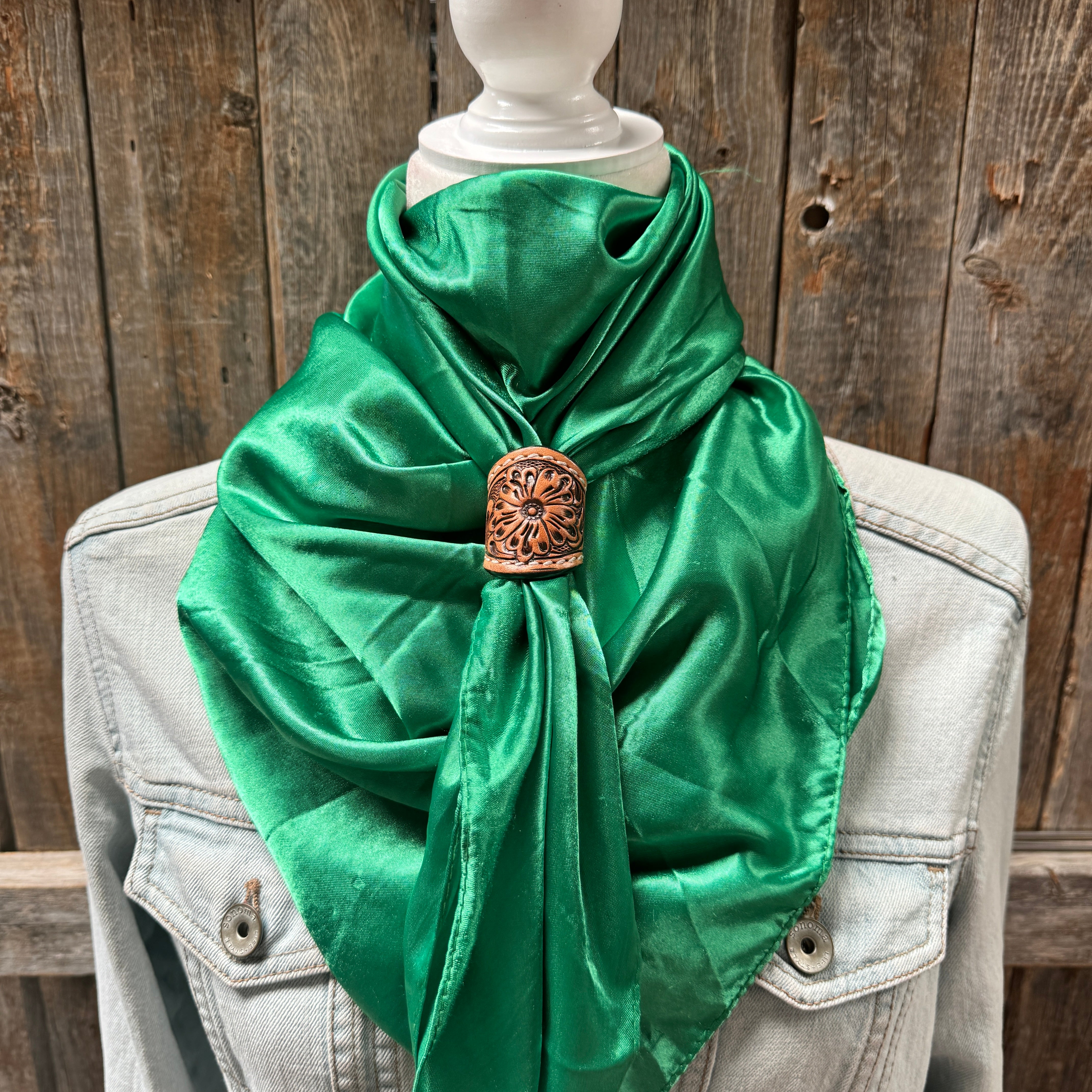 35X35" Solid Green Wild Rag / Scarf WRS18 - Tooled Leather Wild Rag Slides - Assorted