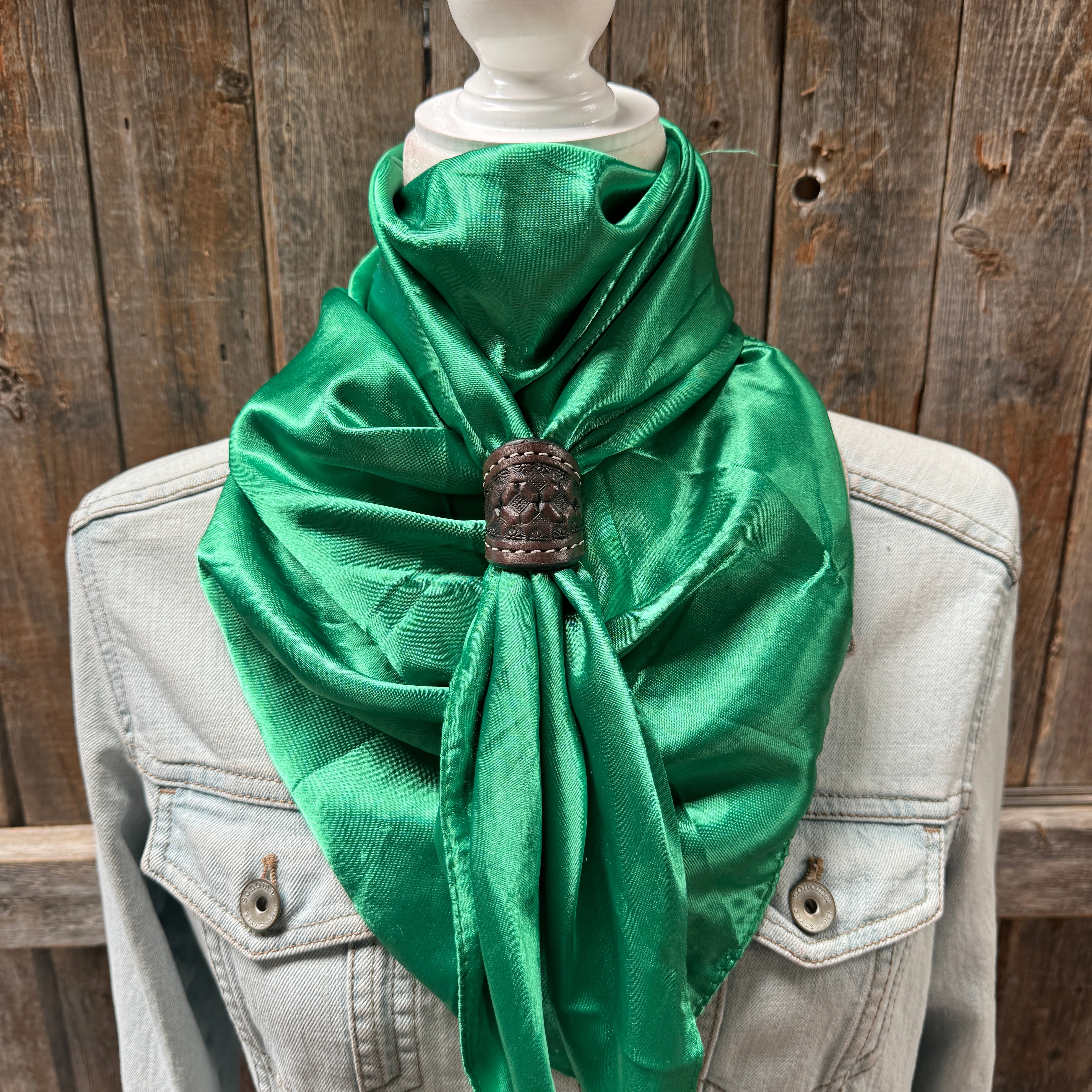 35X35" Solid Green Wild Rag / Scarf WRS18 - Tooled Leather Wild Rag Slides - Assorted