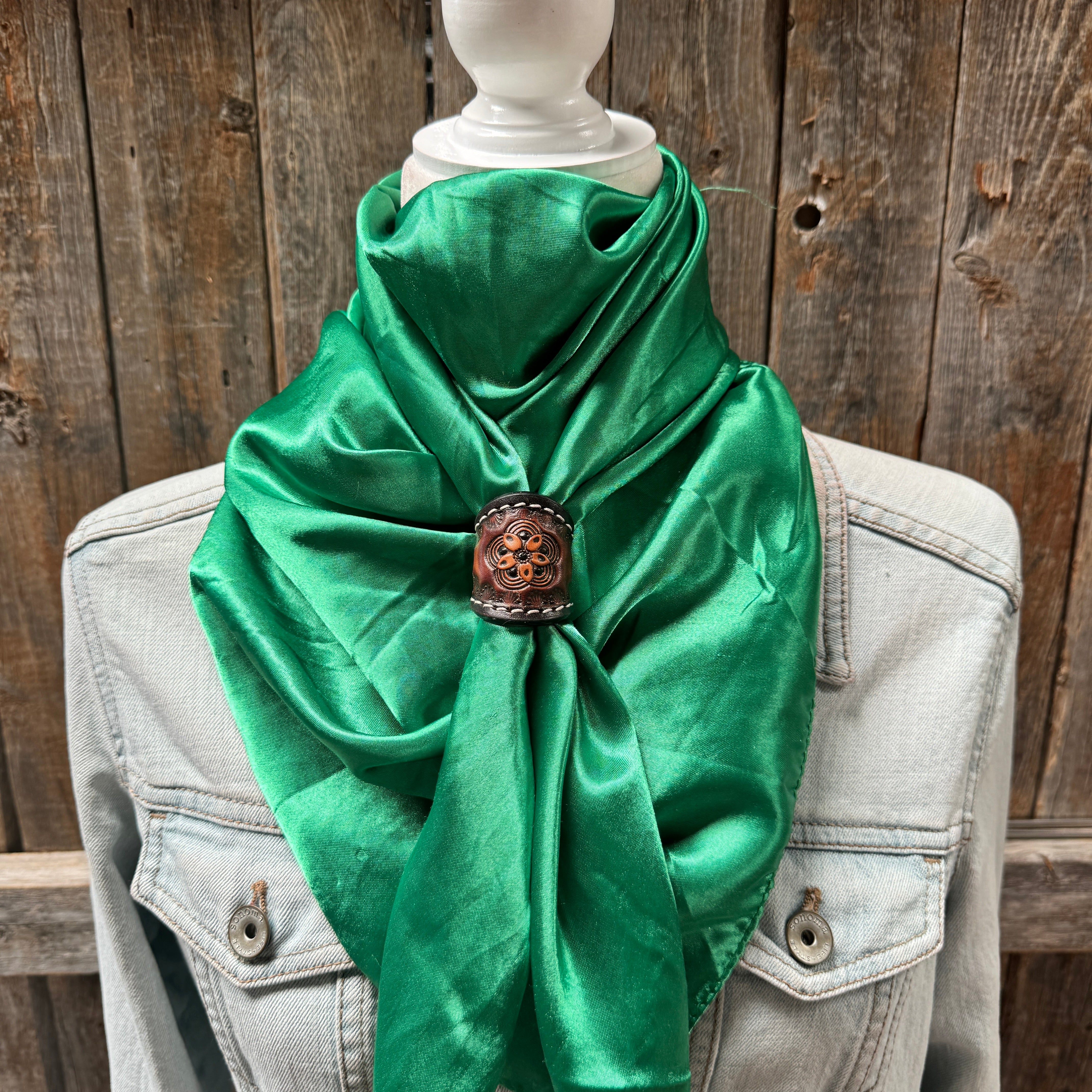 35X35" Solid Green Wild Rag / Scarf WRS18 - Tooled Leather Wild Rag Slides - Assorted