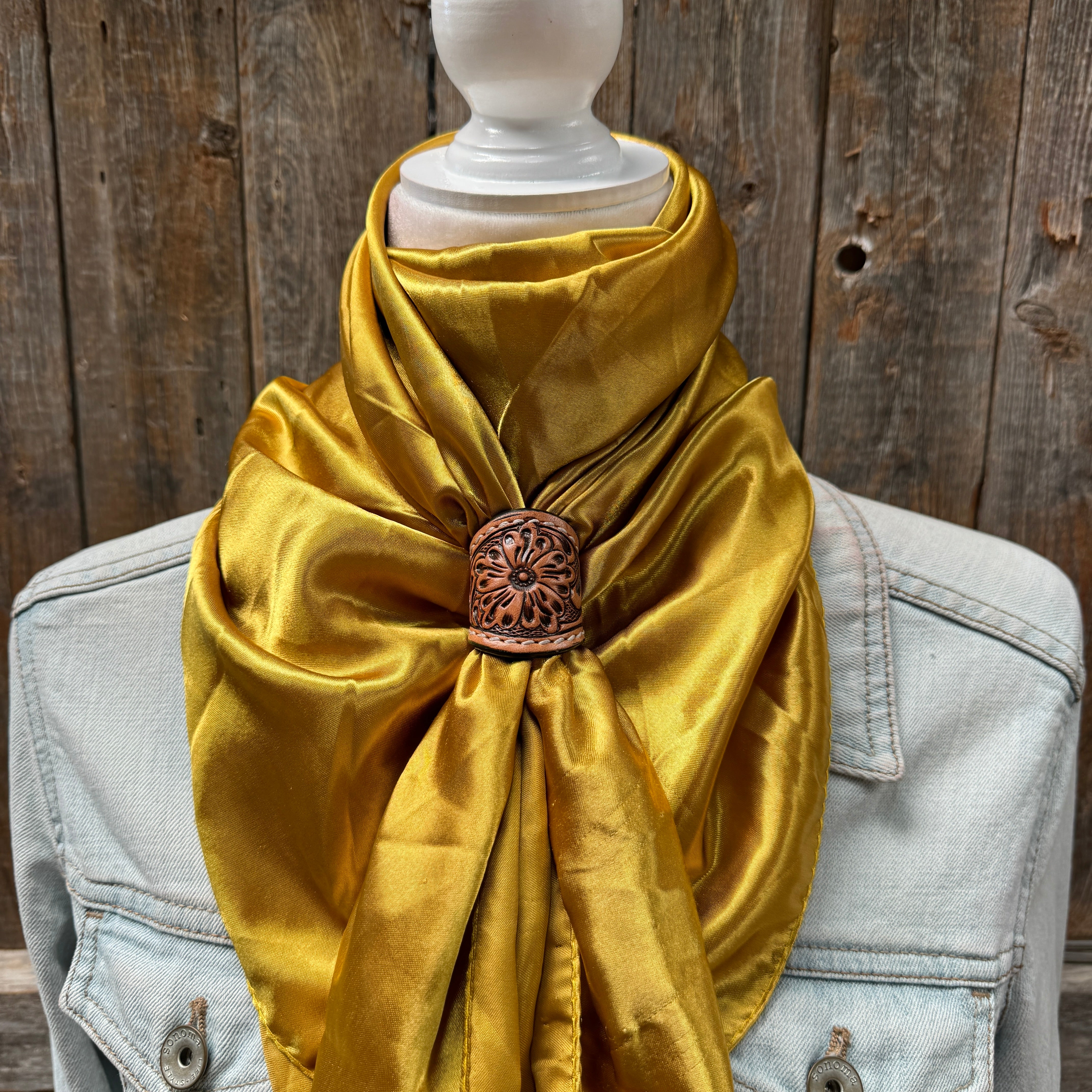 35X35" Solid Mustard Yellow Wild Rag / Scarf WRS19 - Tooled Leather Wild Rag Slides - Assorted