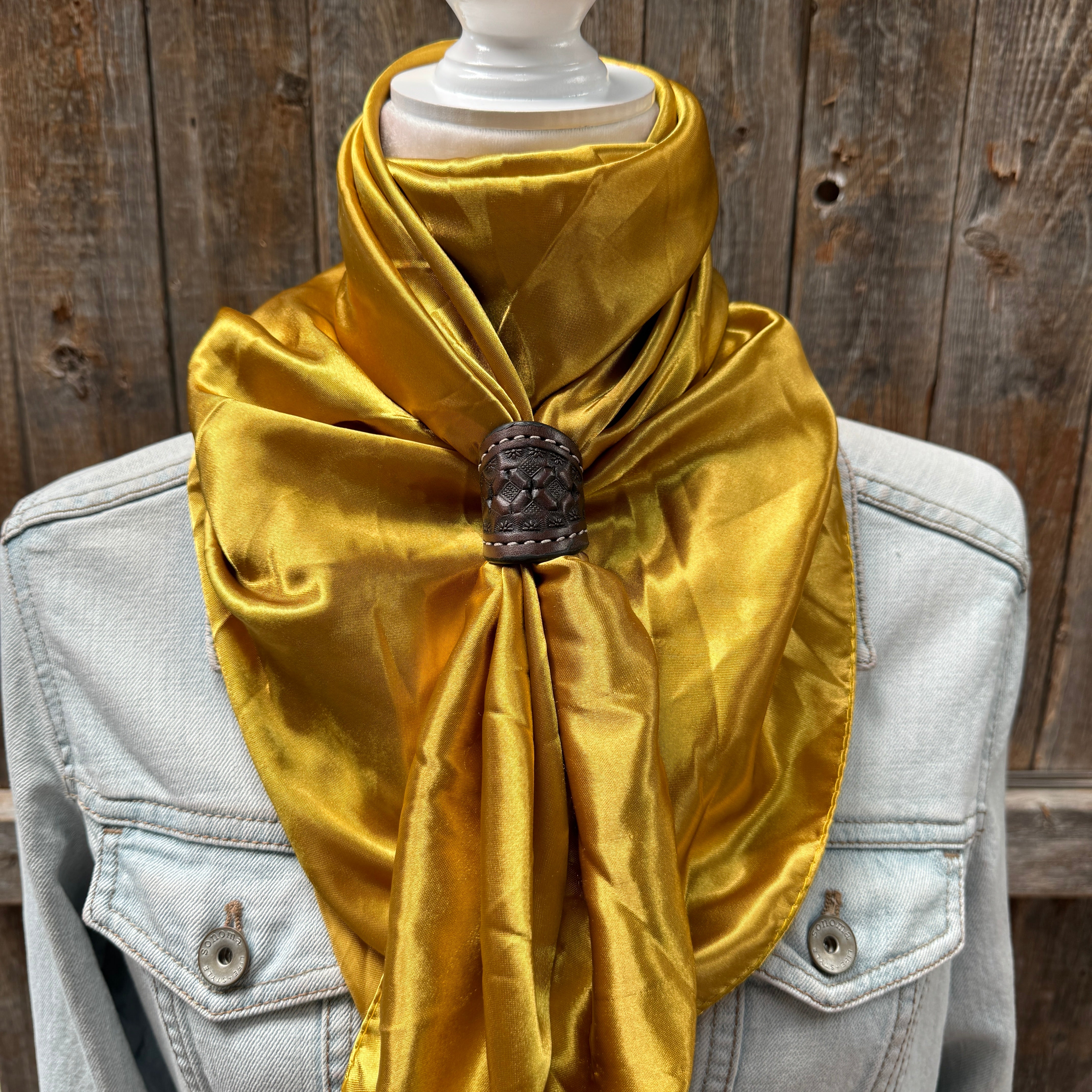 35X35" Solid Mustard Yellow Wild Rag / Scarf WRS19 - Tooled Leather Wild Rag Slides - Assorted