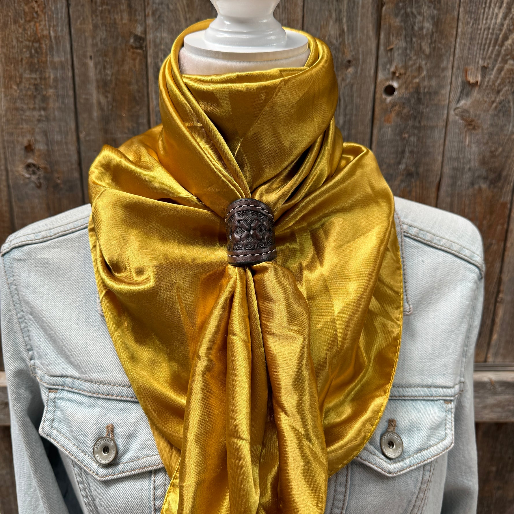35X35" Solid Mustard Yellow Wild Rag / Scarf WRS19 - Tooled Leather Wild Rag Slides - Assorted