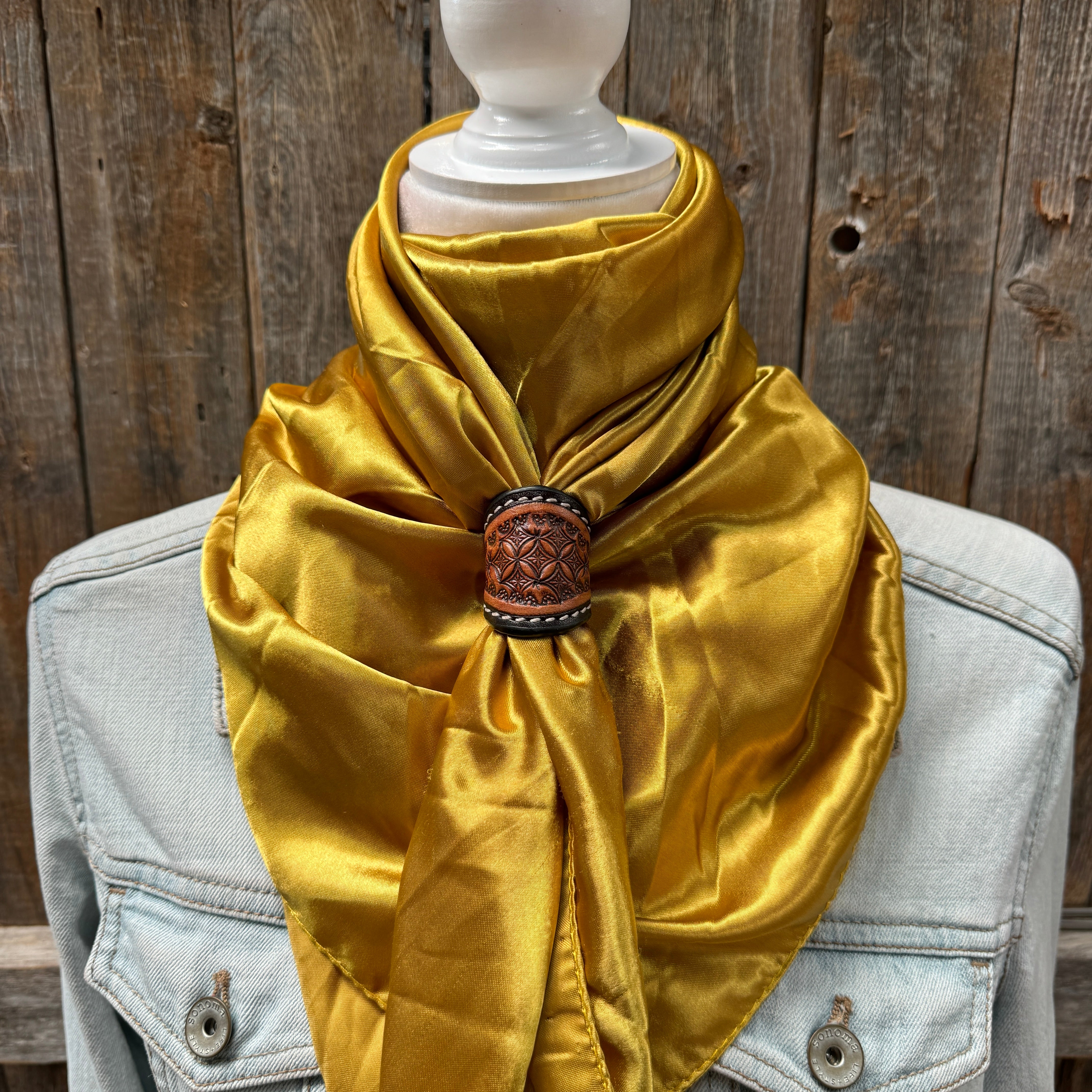 35X35" Solid Mustard Yellow Wild Rag / Scarf WRS19 - Tooled Leather Wild Rag Slides - Assorted