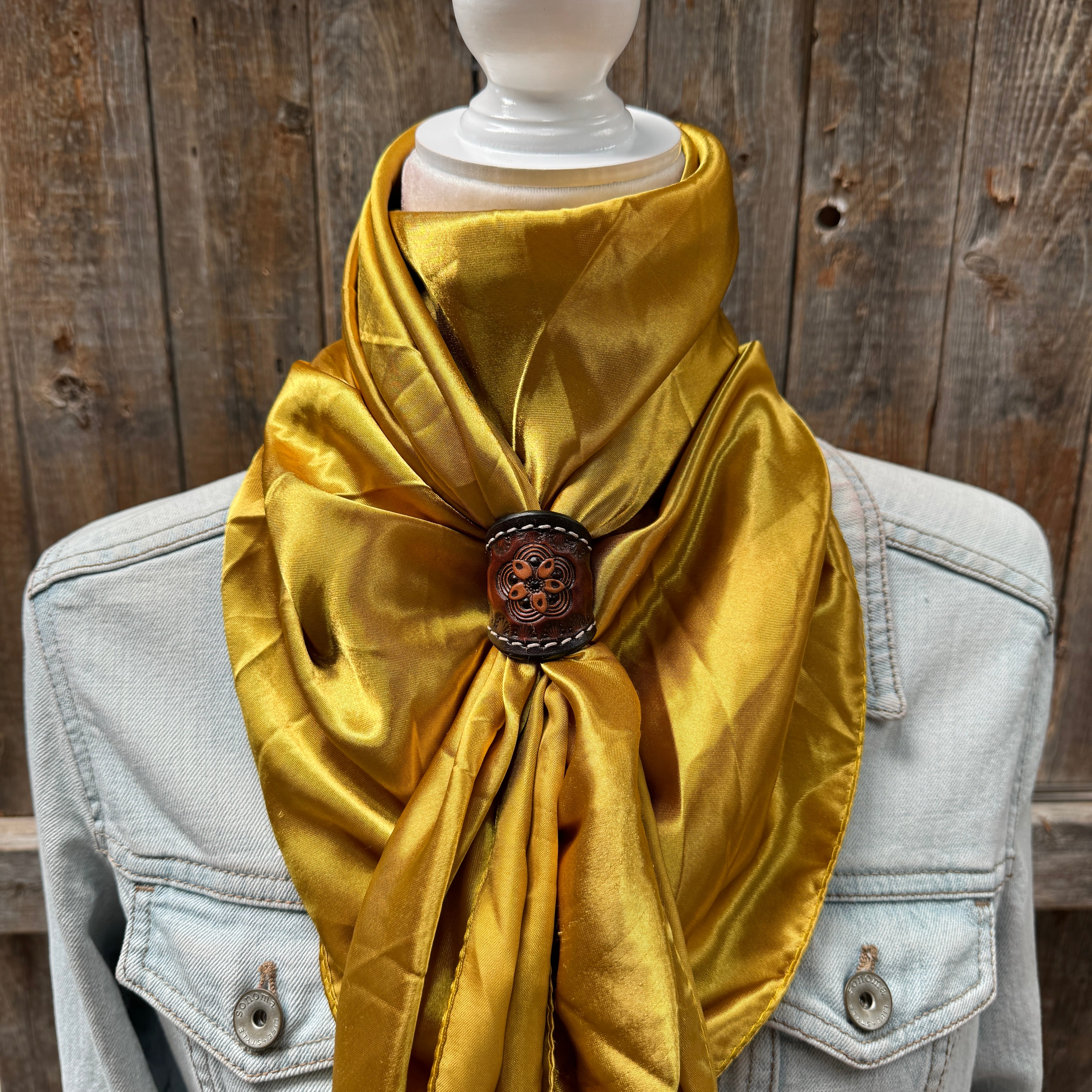 35X35" Solid Mustard Yellow Wild Rag / Scarf WRS19 - Tooled Leather Wild Rag Slides - Assorted