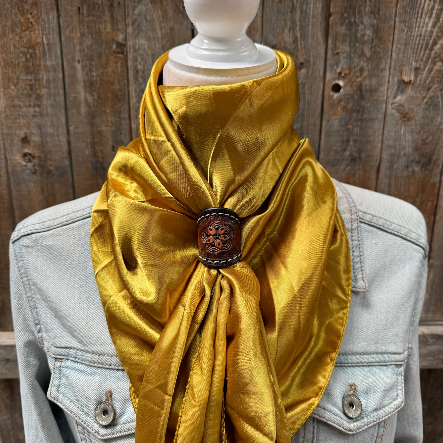 35X35" Solid Mustard Yellow Wild Rag / Scarf WRS19 - Tooled Leather Wild Rag Slides - Assorted