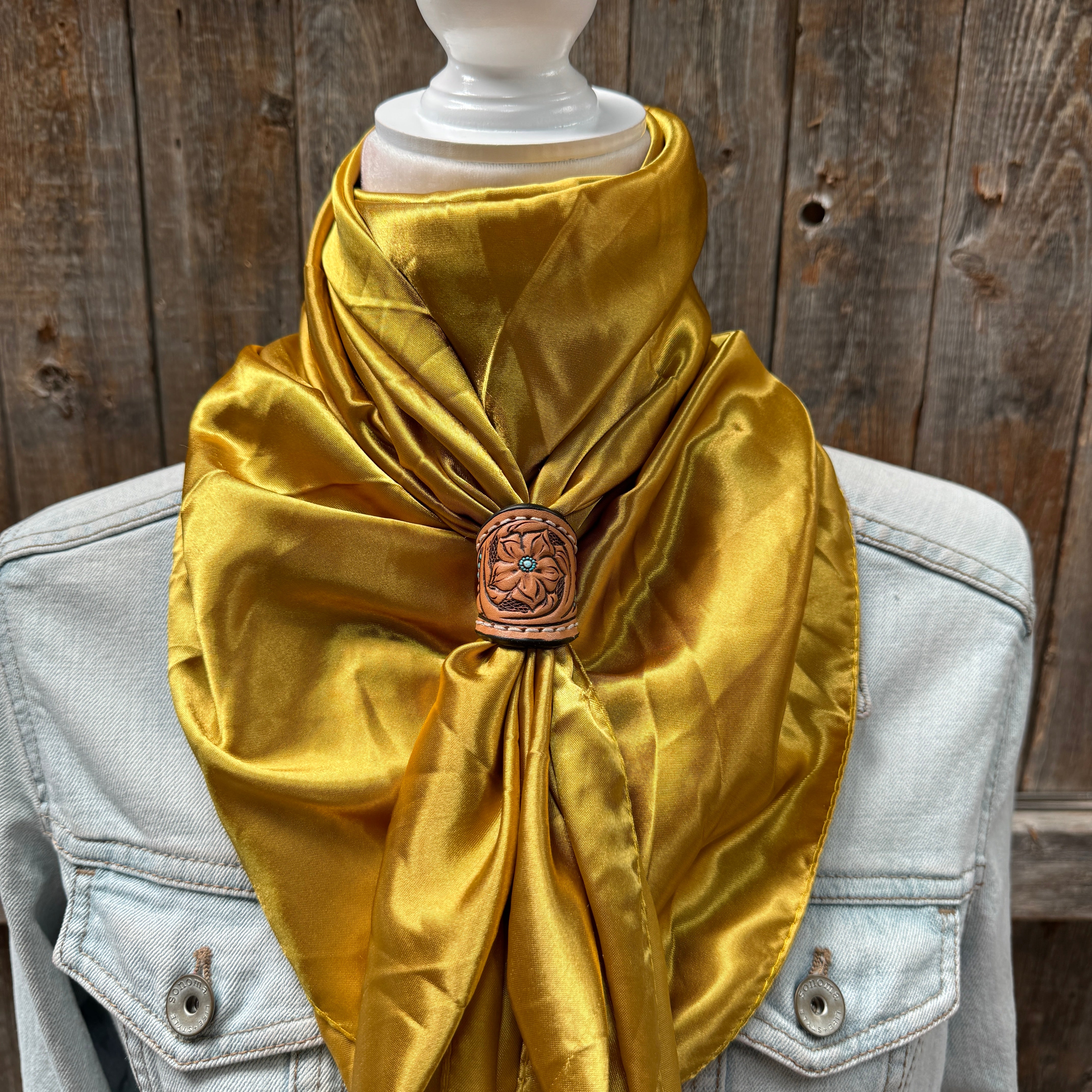 35X35" Solid Mustard Yellow Wild Rag / Scarf WRS19 - Tooled Leather Wild Rag Slides - Assorted