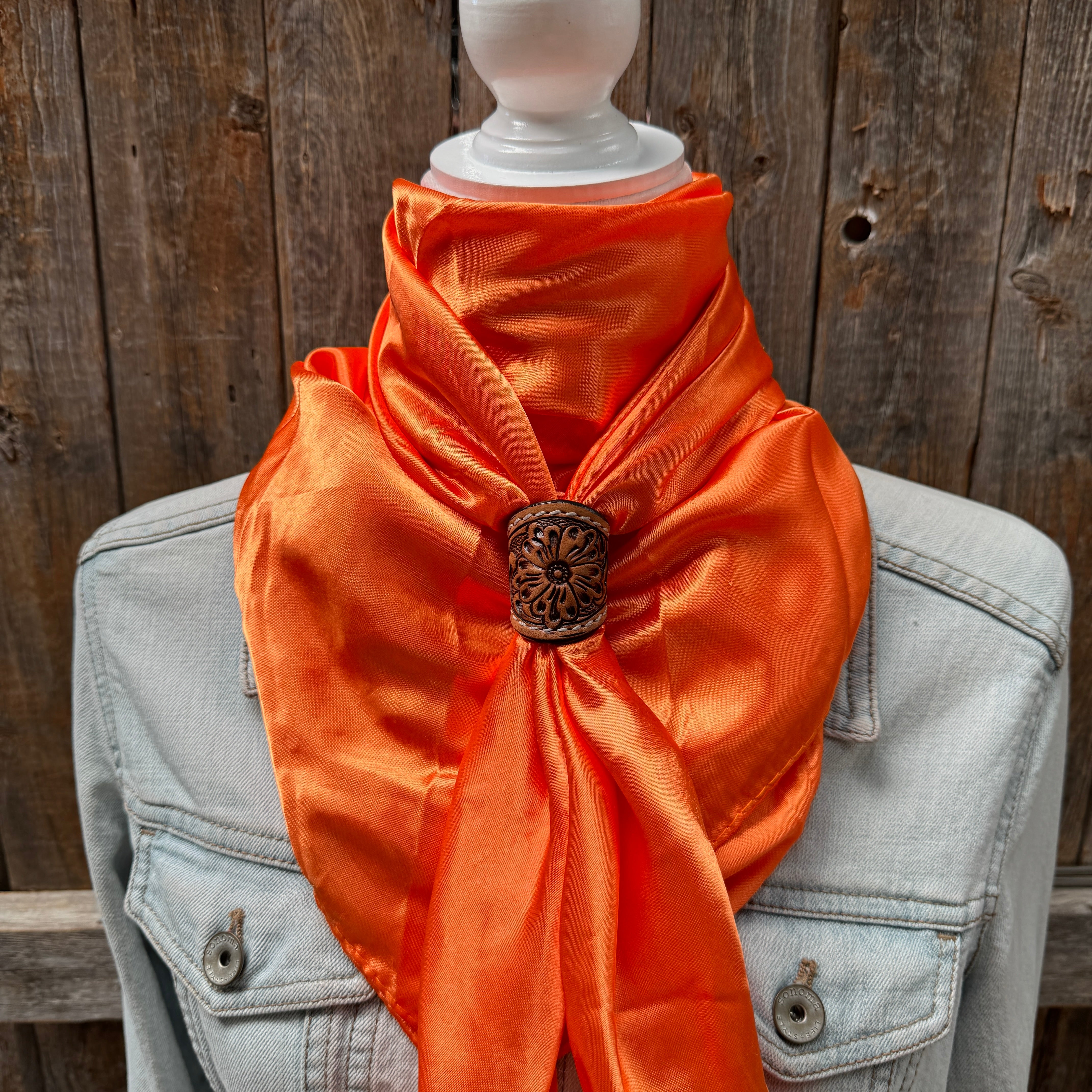 35X35" Solid Orange Wild Rag / Scarf WRS20 - Tooled Leather Wild Rag Slides - Assorted