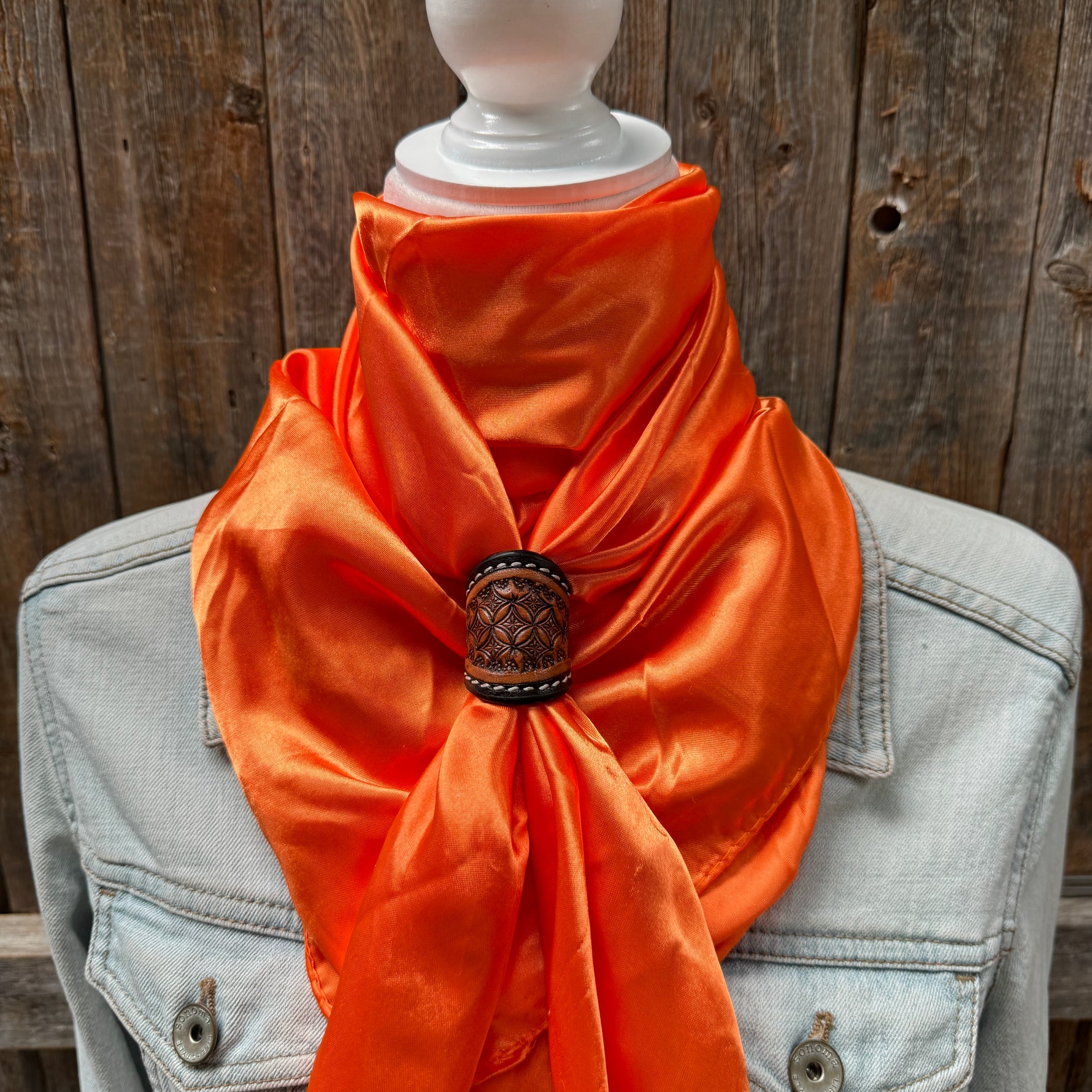 35X35" Solid Orange Wild Rag / Scarf WRS20 - Tooled Leather Wild Rag Slides - Assorted