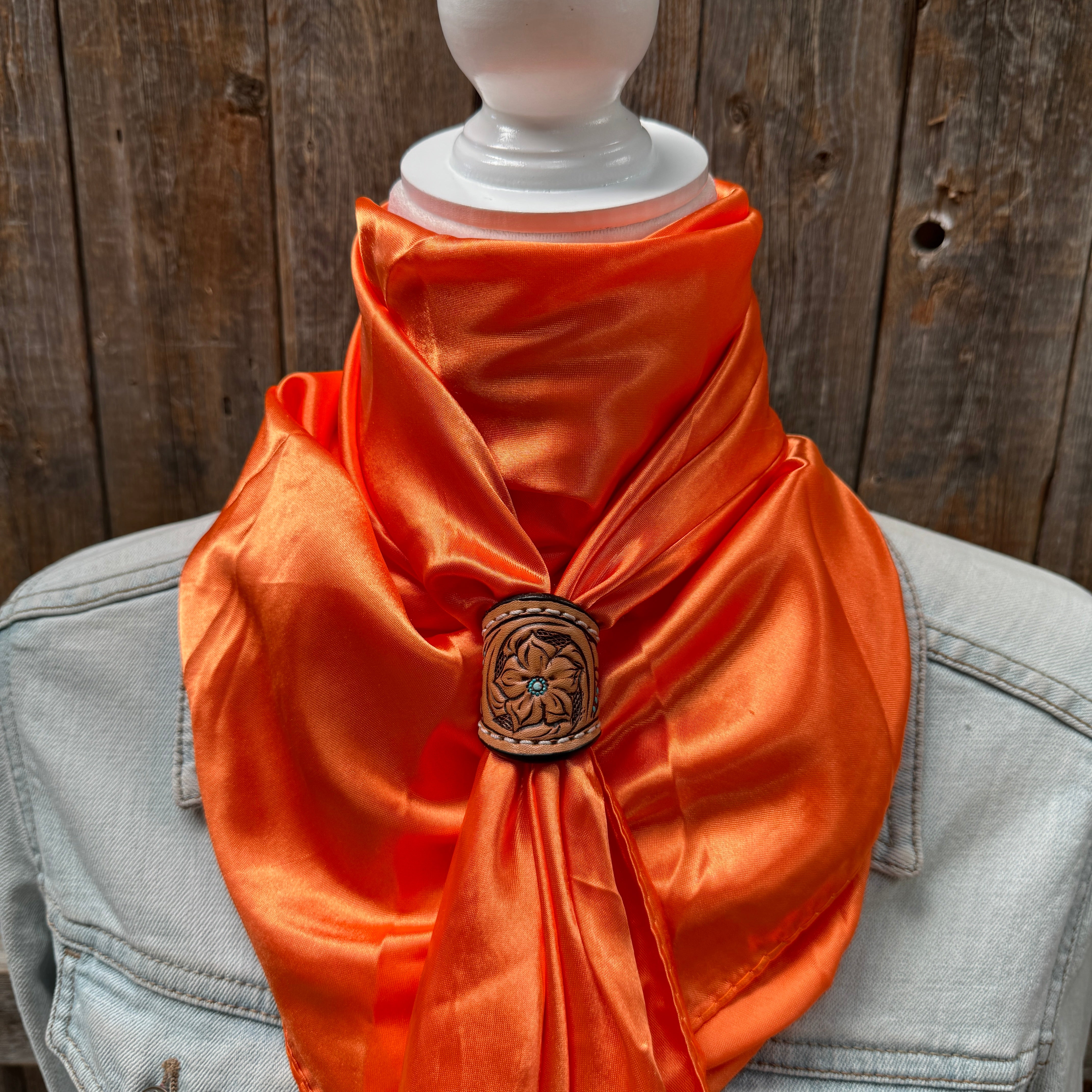 35X35" Solid Orange Wild Rag / Scarf WRS20 - Tooled Leather Wild Rag Slides - Assorted