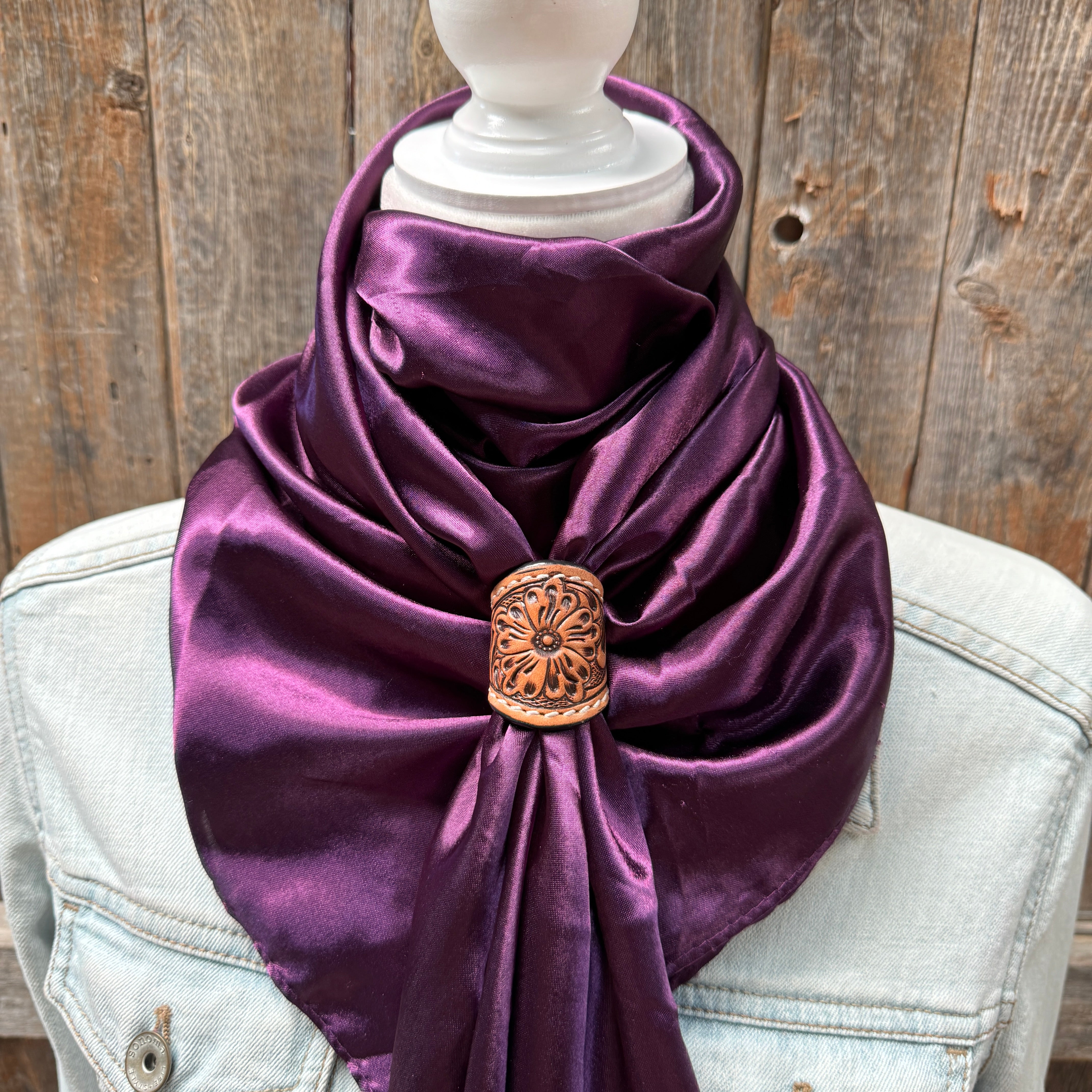 35X35" Solid Plum Wild Rag / Scarf WRS 21- Tooled Leather Wild Rag Slides - Assorted