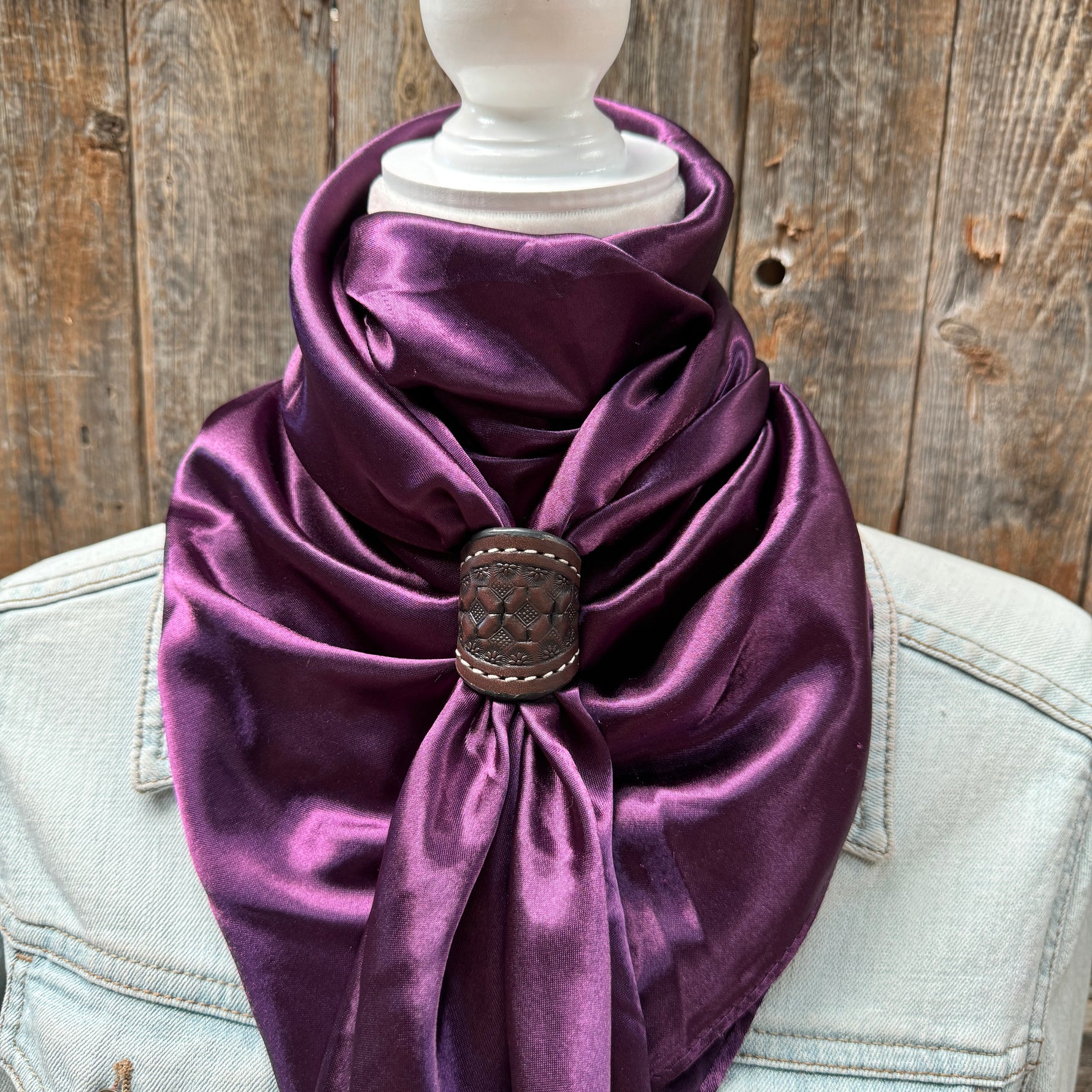 35X35" Solid Plum Wild Rag / Scarf WRS 21- Tooled Leather Wild Rag Slides - Assorted