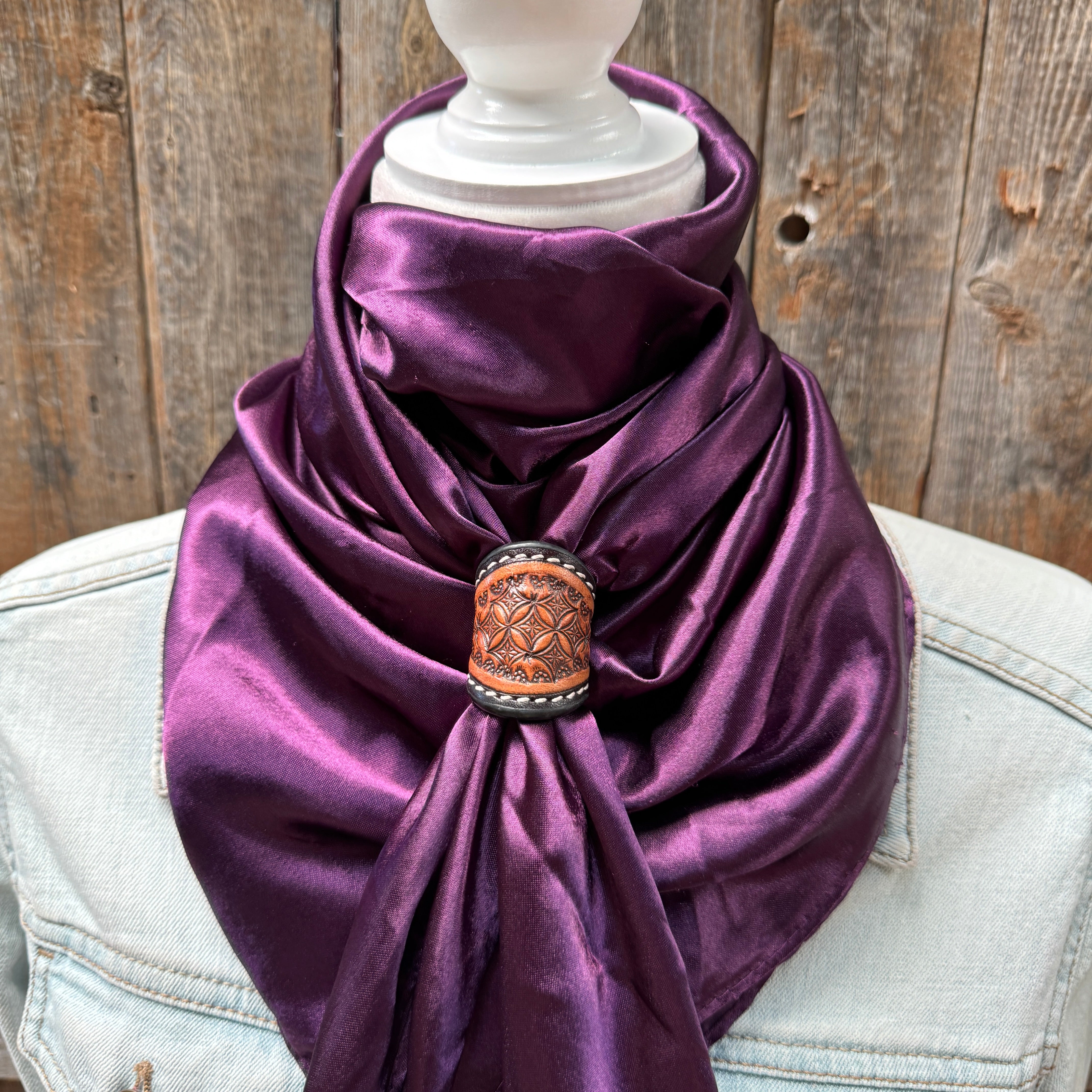 35X35" Solid Plum Wild Rag / Scarf WRS 21- Tooled Leather Wild Rag Slides - Assorted