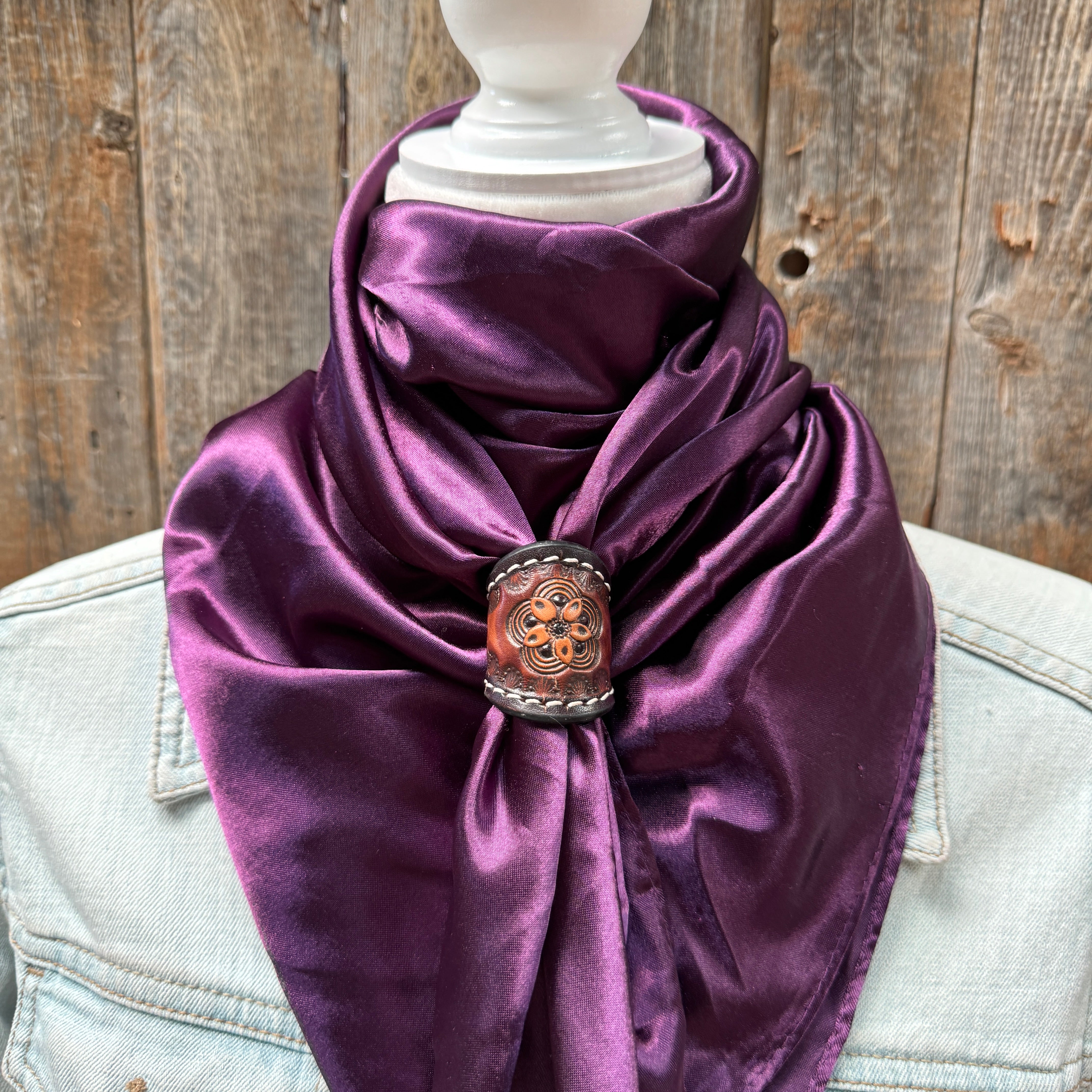 35X35" Solid Plum Wild Rag / Scarf WRS 21- Tooled Leather Wild Rag Slides - Assorted