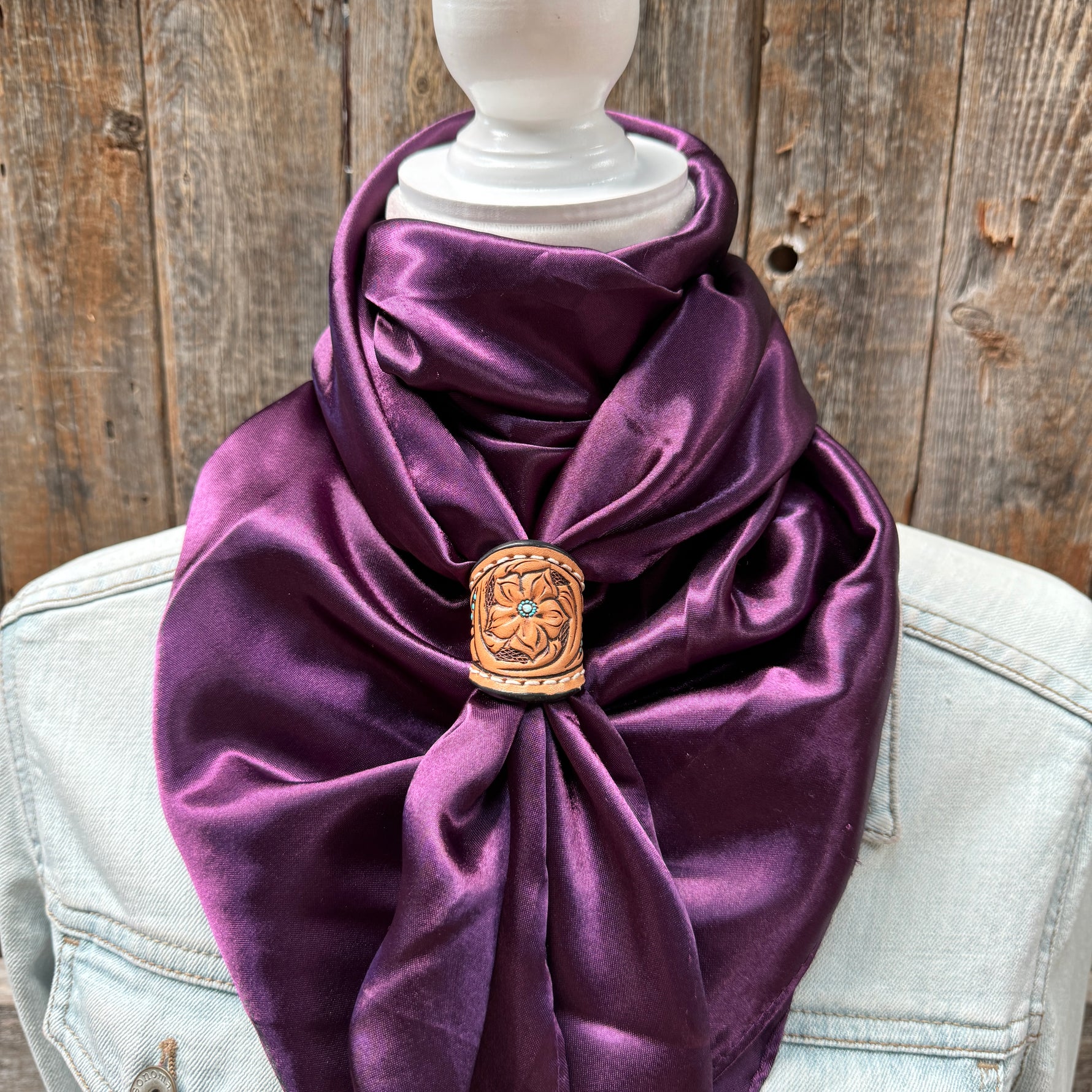 35X35" Solid Plum Wild Rag / Scarf WRS 21- Tooled Leather Wild Rag Slides - Assorted