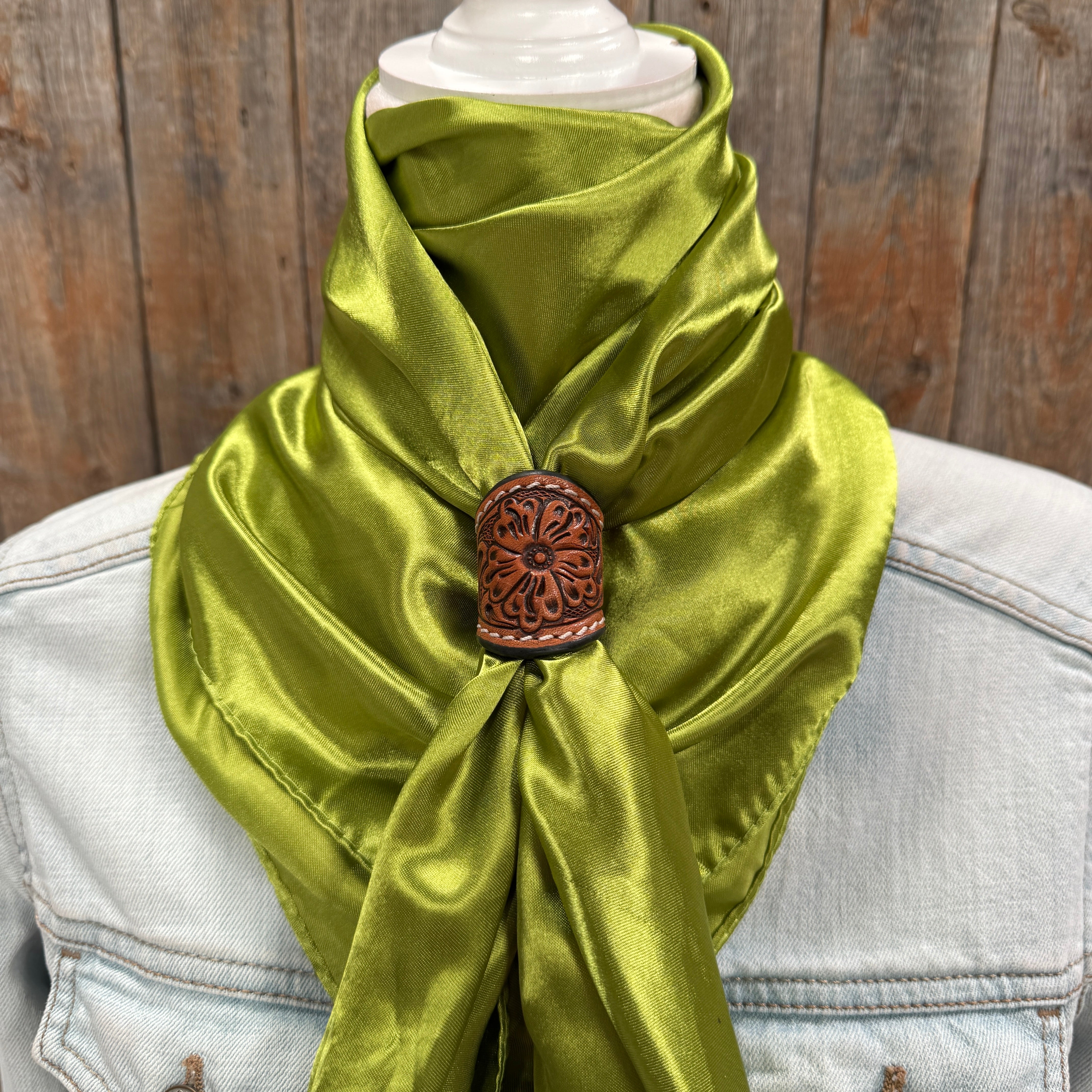 35X35" Solid Light Green Wild Rag / Scarf WRS22 - Tooled Leather Wild Rag Slides - Assorted