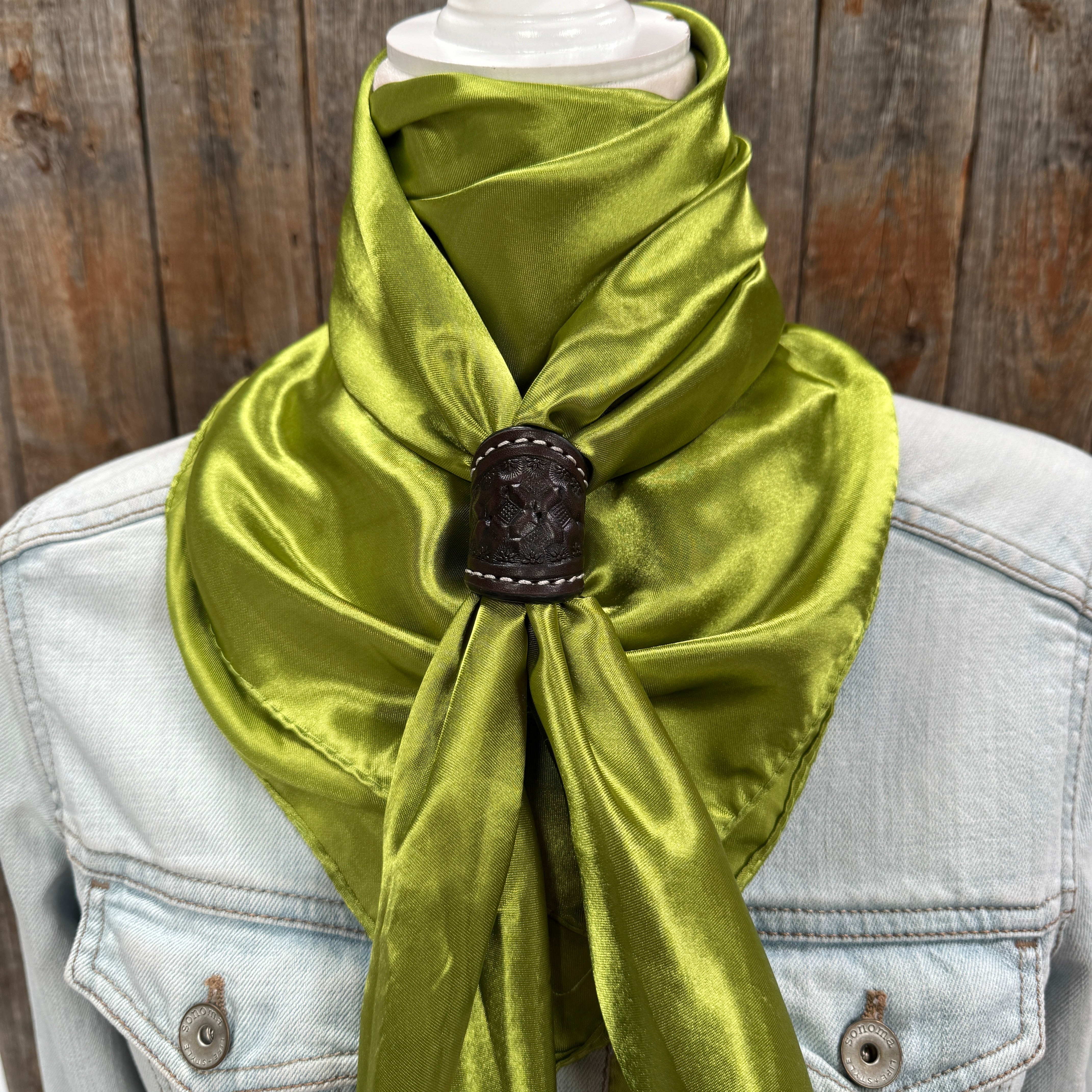 35X35" Solid Light Green Wild Rag / Scarf WRS22 - Tooled Leather Wild Rag Slides - Assorted