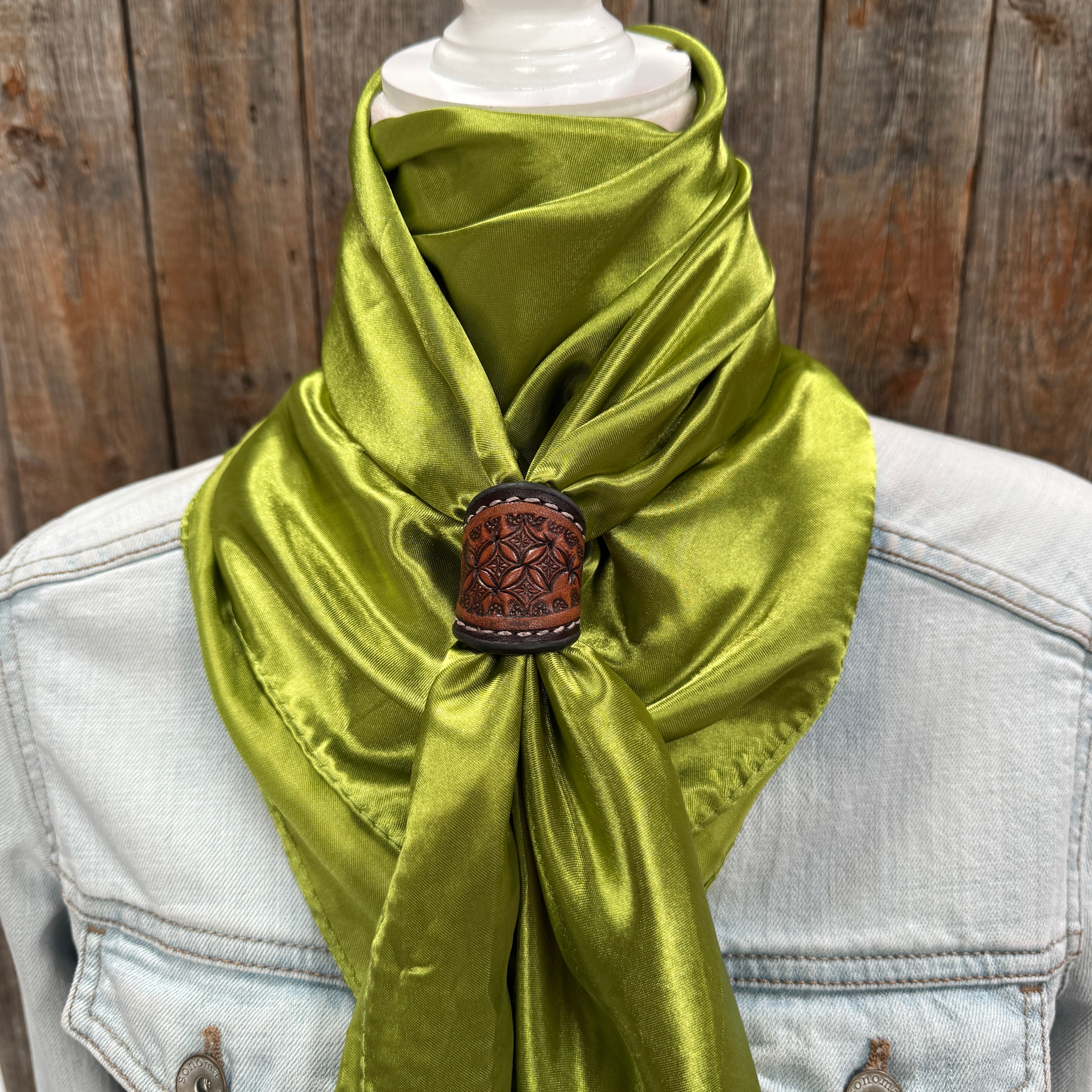 35X35" Solid Light Green Wild Rag / Scarf WRS22 - Tooled Leather Wild Rag Slides - Assorted