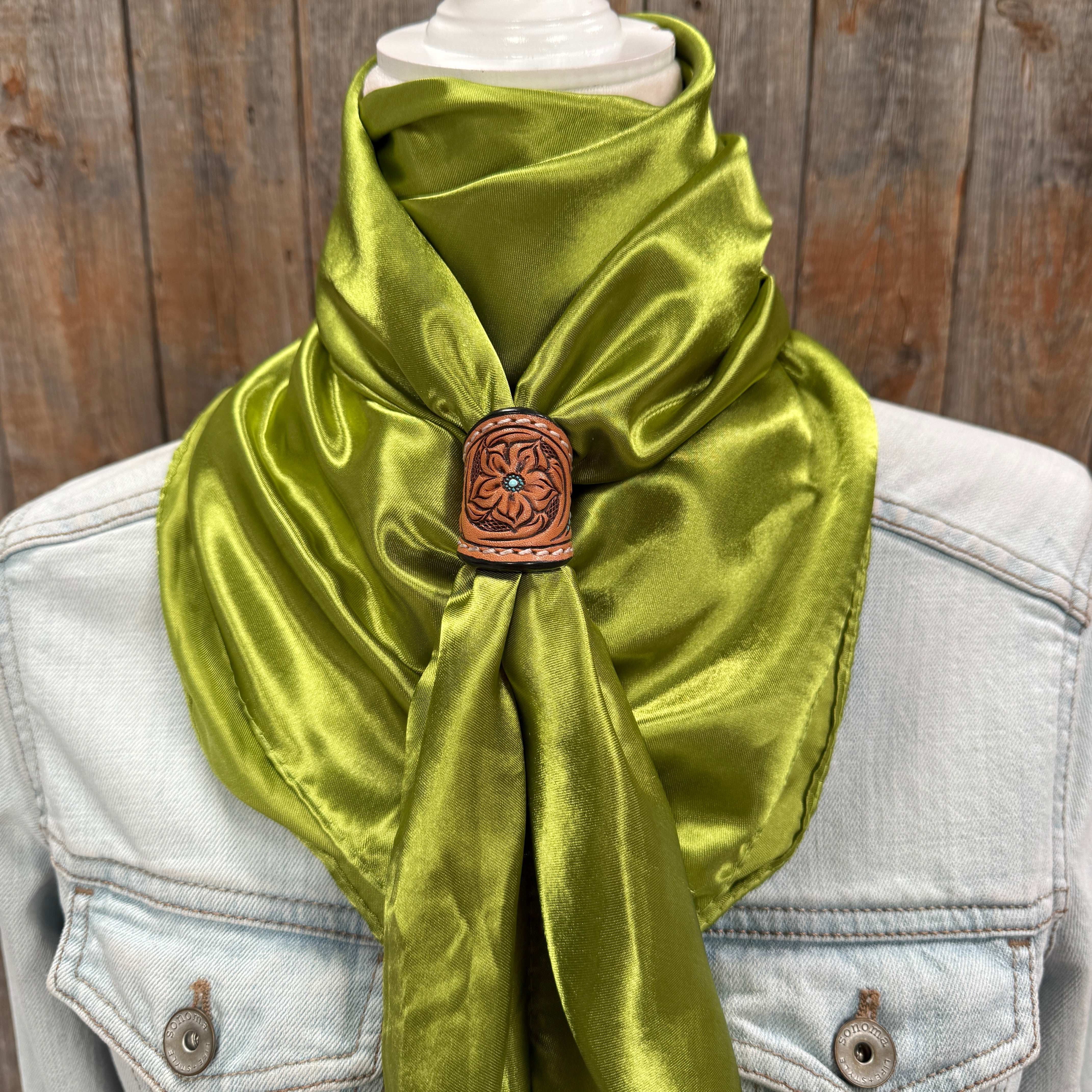 35X35" Solid Light Green Wild Rag / Scarf WRS22 - Tooled Leather Wild Rag Slides - Assorted