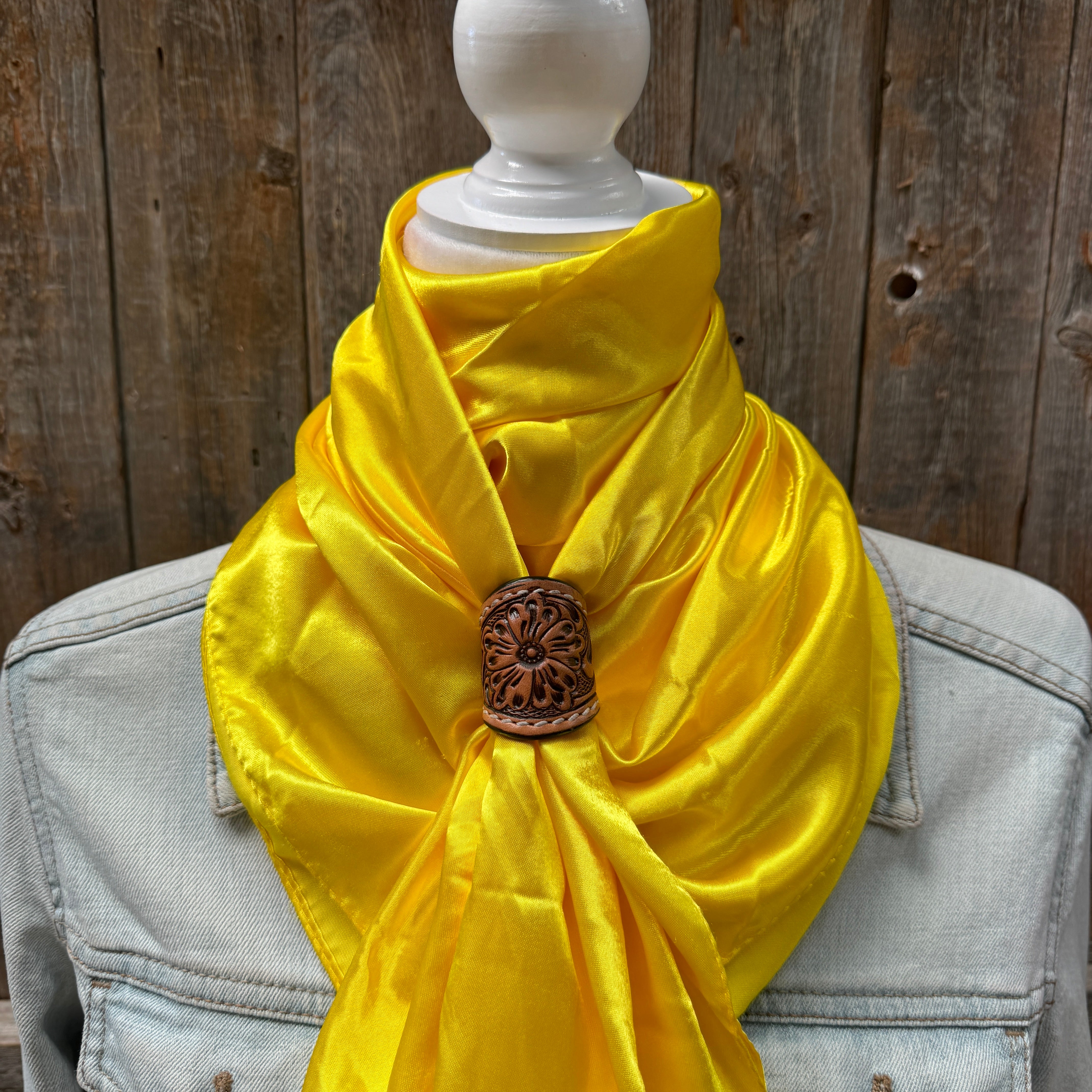 35X35" Solid Yellow Wild Rag / Scarf WRS23 - Tooled Leather Wild Rag Slides - Assorted