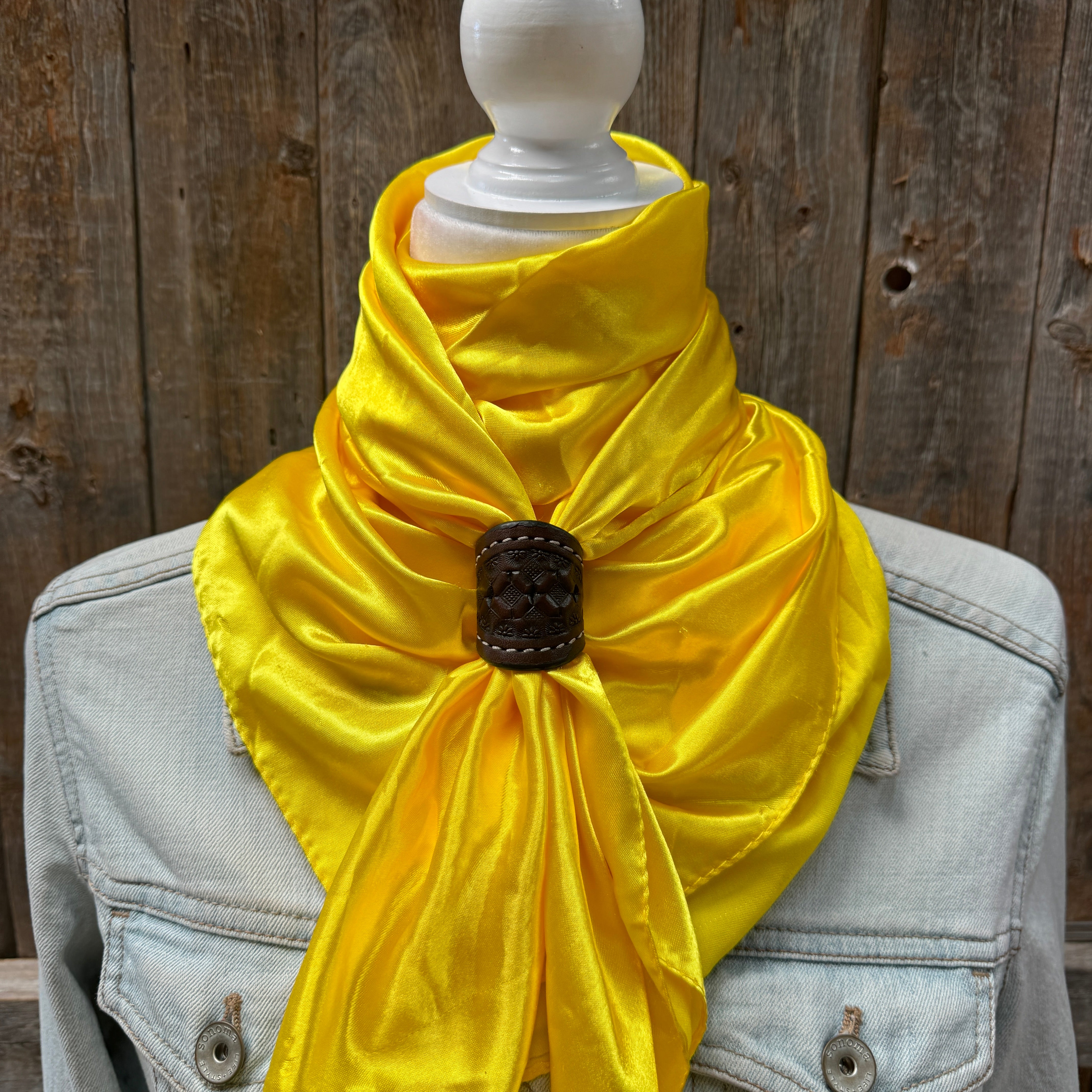 35X35" Solid Yellow Wild Rag / Scarf WRS23 - Tooled Leather Wild Rag Slides - Assorted