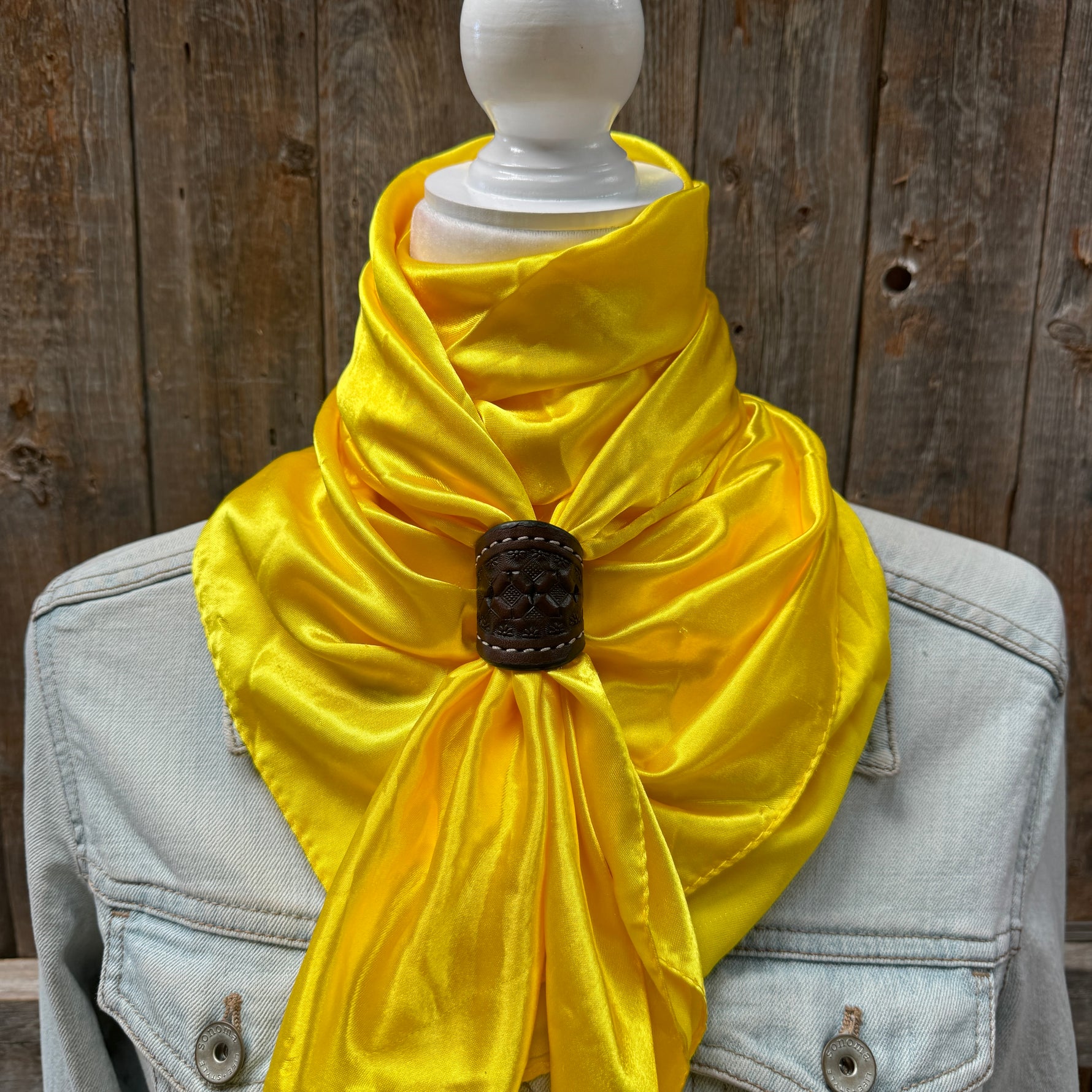 35X35" Solid Yellow Wild Rag / Scarf WRS23 - Tooled Leather Wild Rag Slides - Assorted