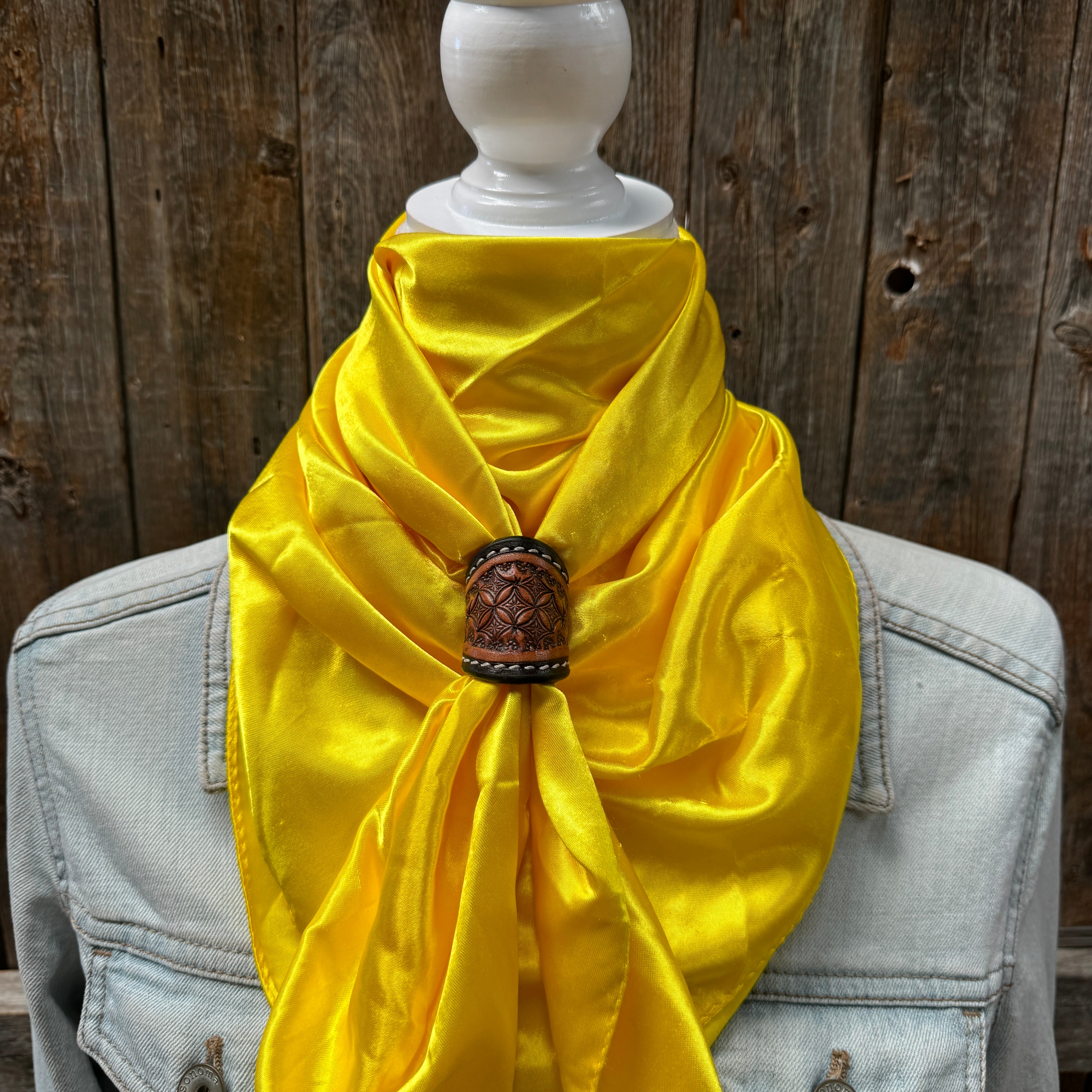 35X35" Solid Yellow Wild Rag / Scarf WRS23 - Tooled Leather Wild Rag Slides - Assorted