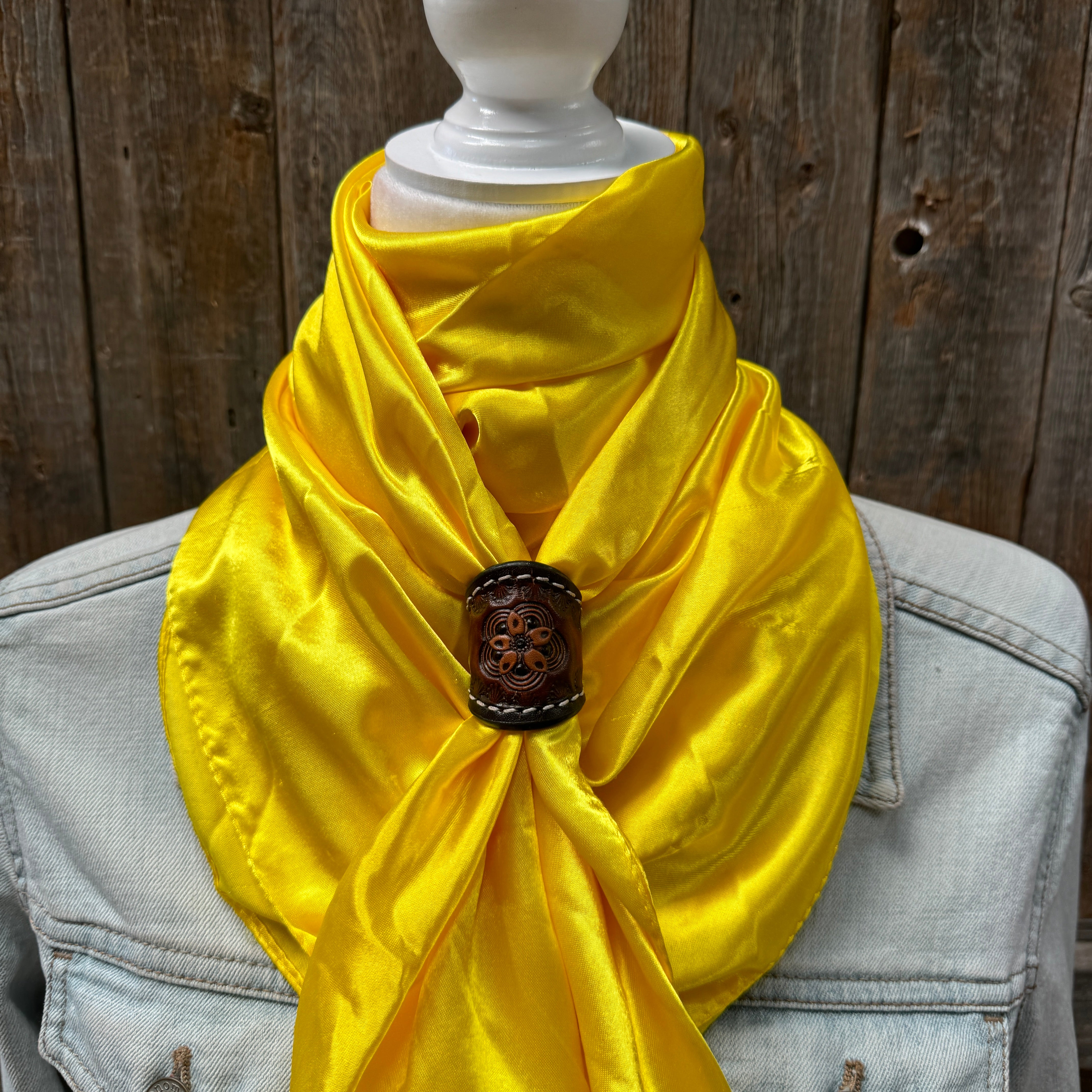 35X35" Solid Yellow Wild Rag / Scarf WRS23 - Tooled Leather Wild Rag Slides - Assorted