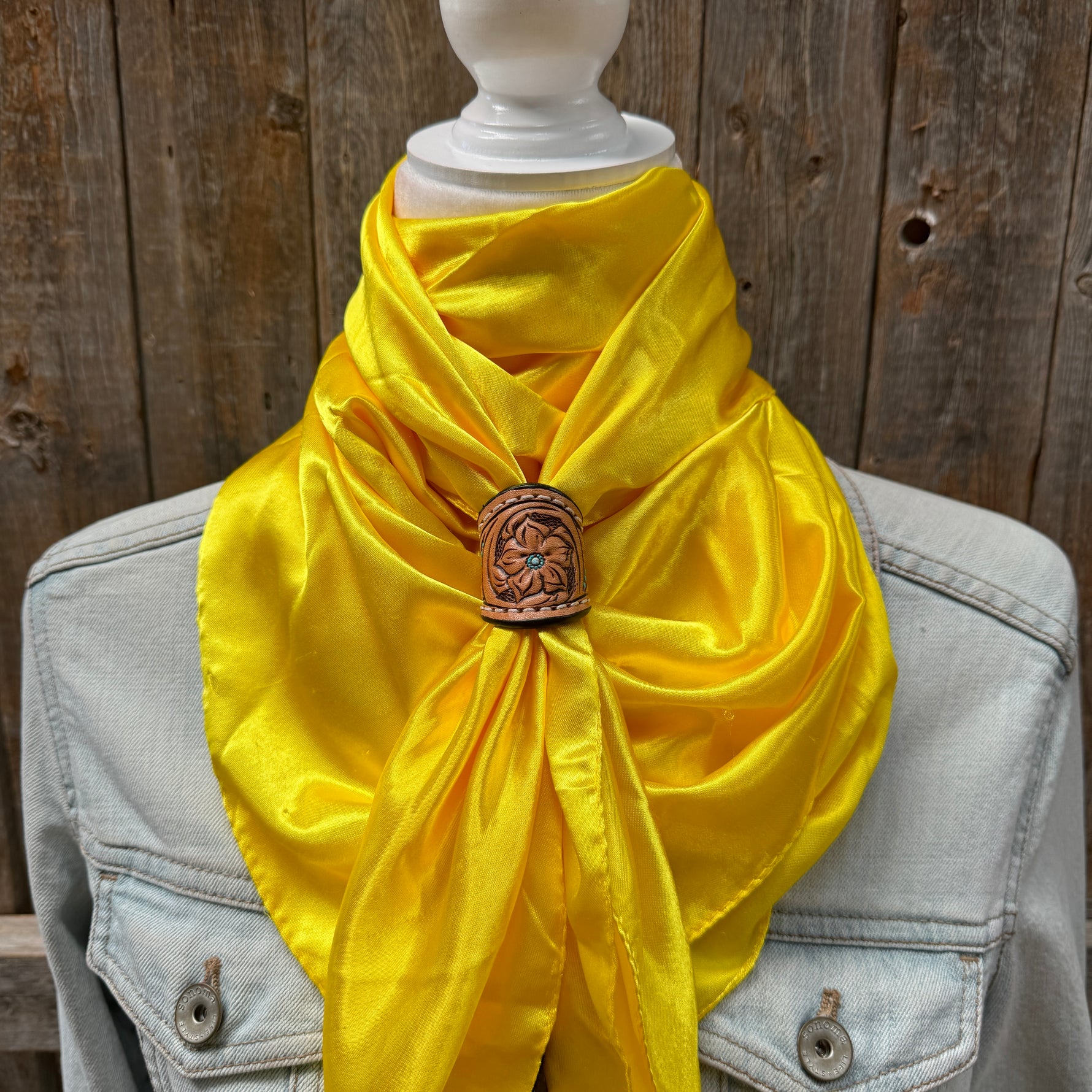 35X35" Solid Yellow Wild Rag / Scarf WRS23 - Tooled Leather Wild Rag Slides - Assorted