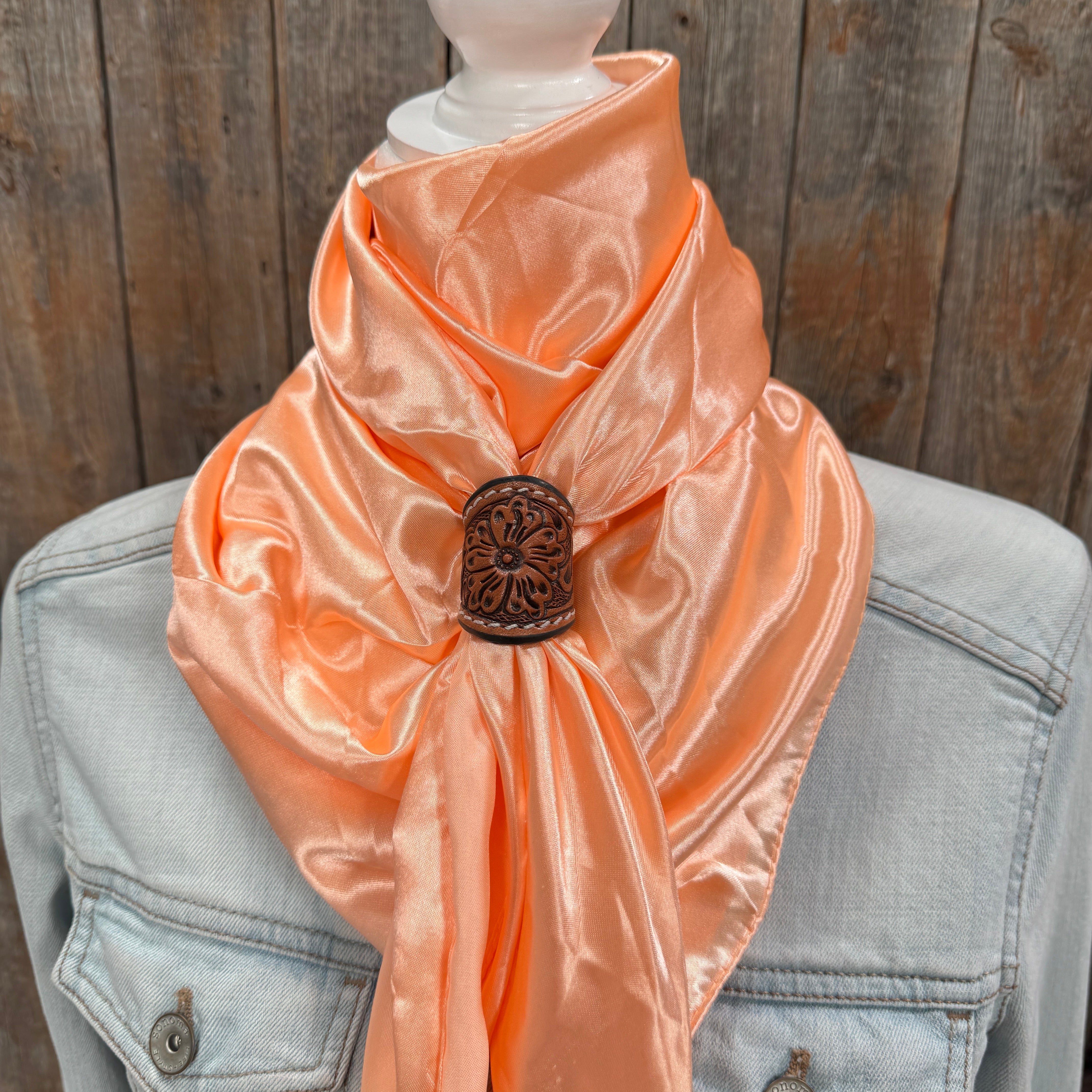 35X35" Solid Peach Wild Rag / Scarf WRS24 - Tooled Leather Wild Rag Slides - Assorted