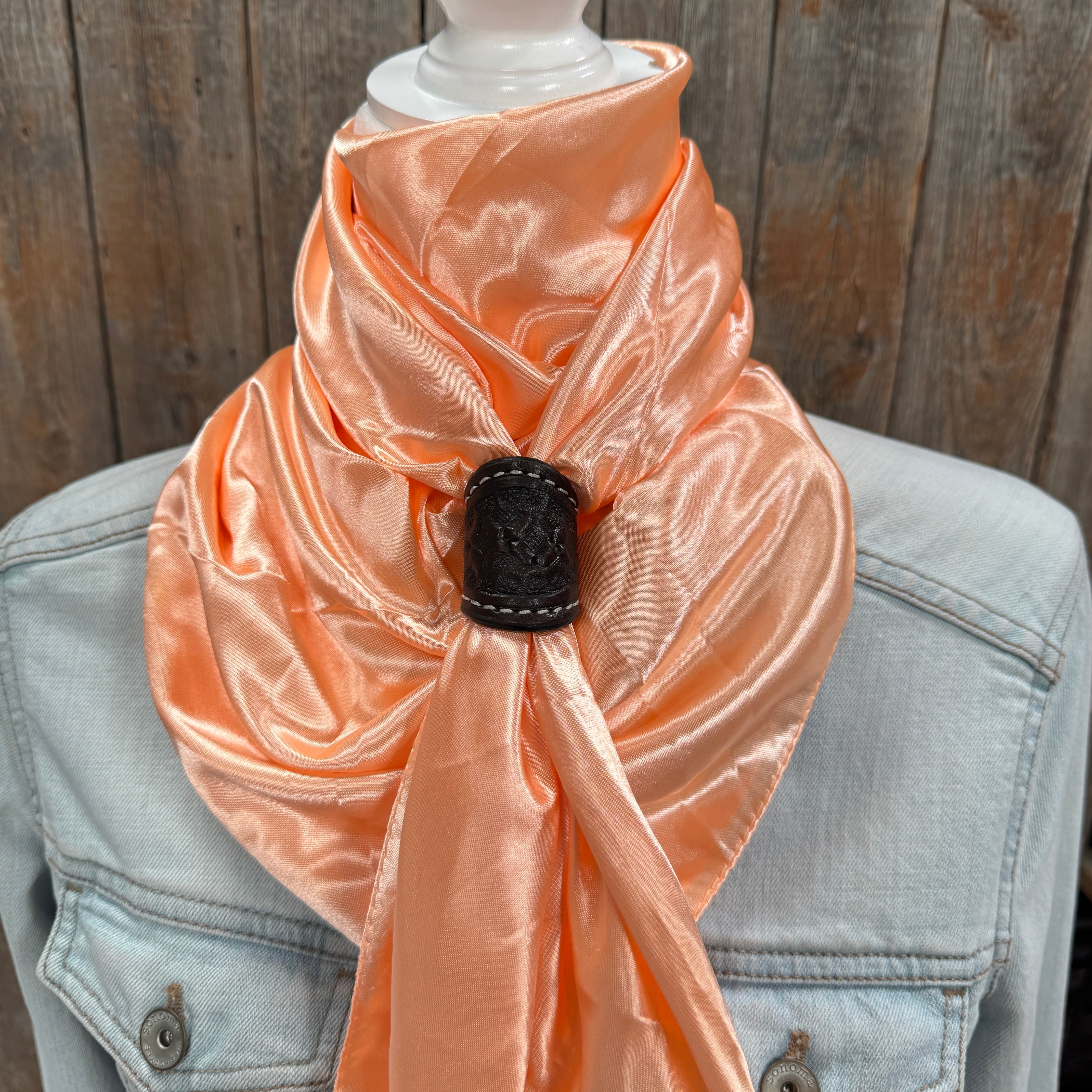 35X35" Solid Peach Wild Rag / Scarf WRS24 - Tooled Leather Wild Rag Slides - Assorted