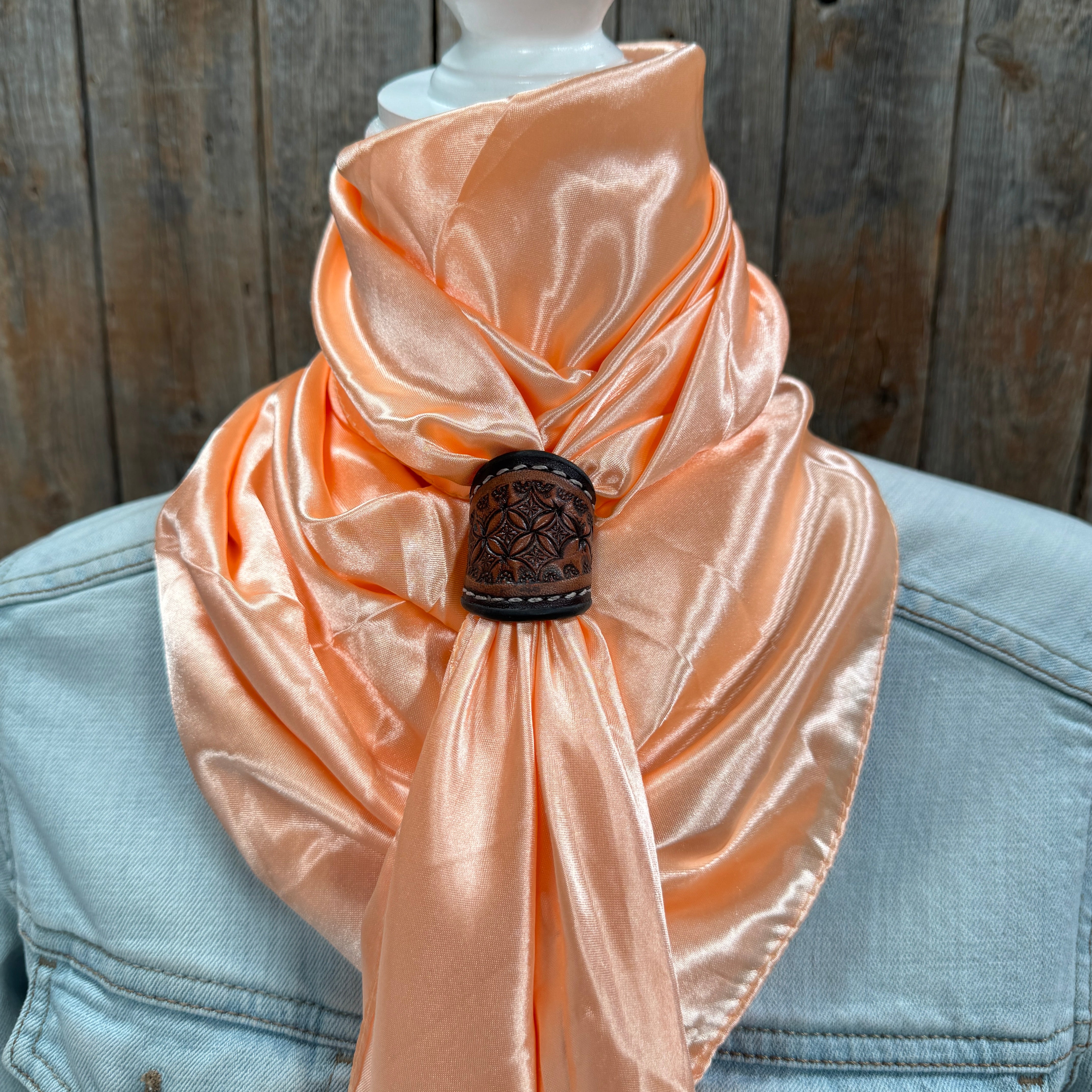 35X35" Solid Peach Wild Rag / Scarf WRS24 - Tooled Leather Wild Rag Slides - Assorted