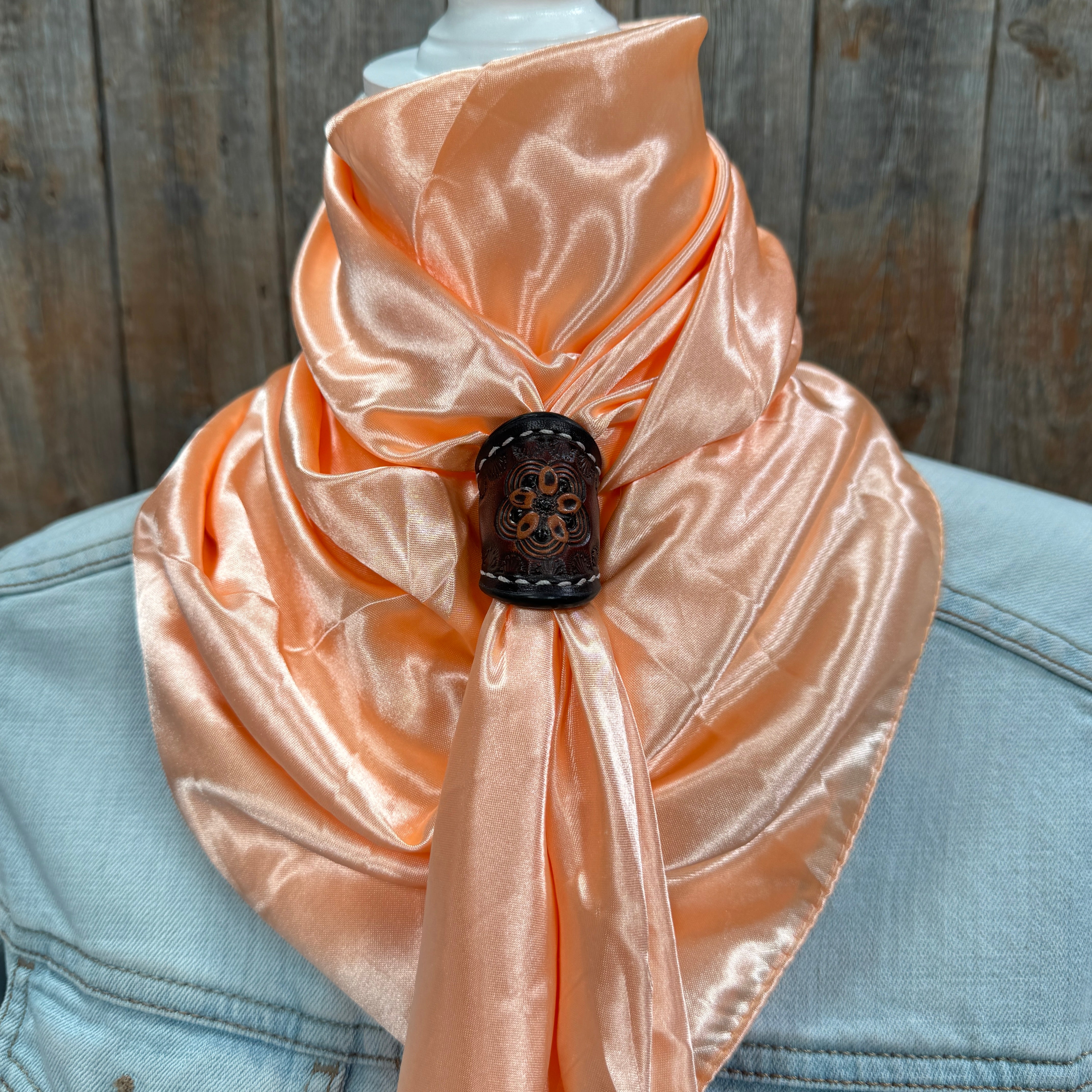 35X35" Solid Peach Wild Rag / Scarf WRS24 - Tooled Leather Wild Rag Slides - Assorted