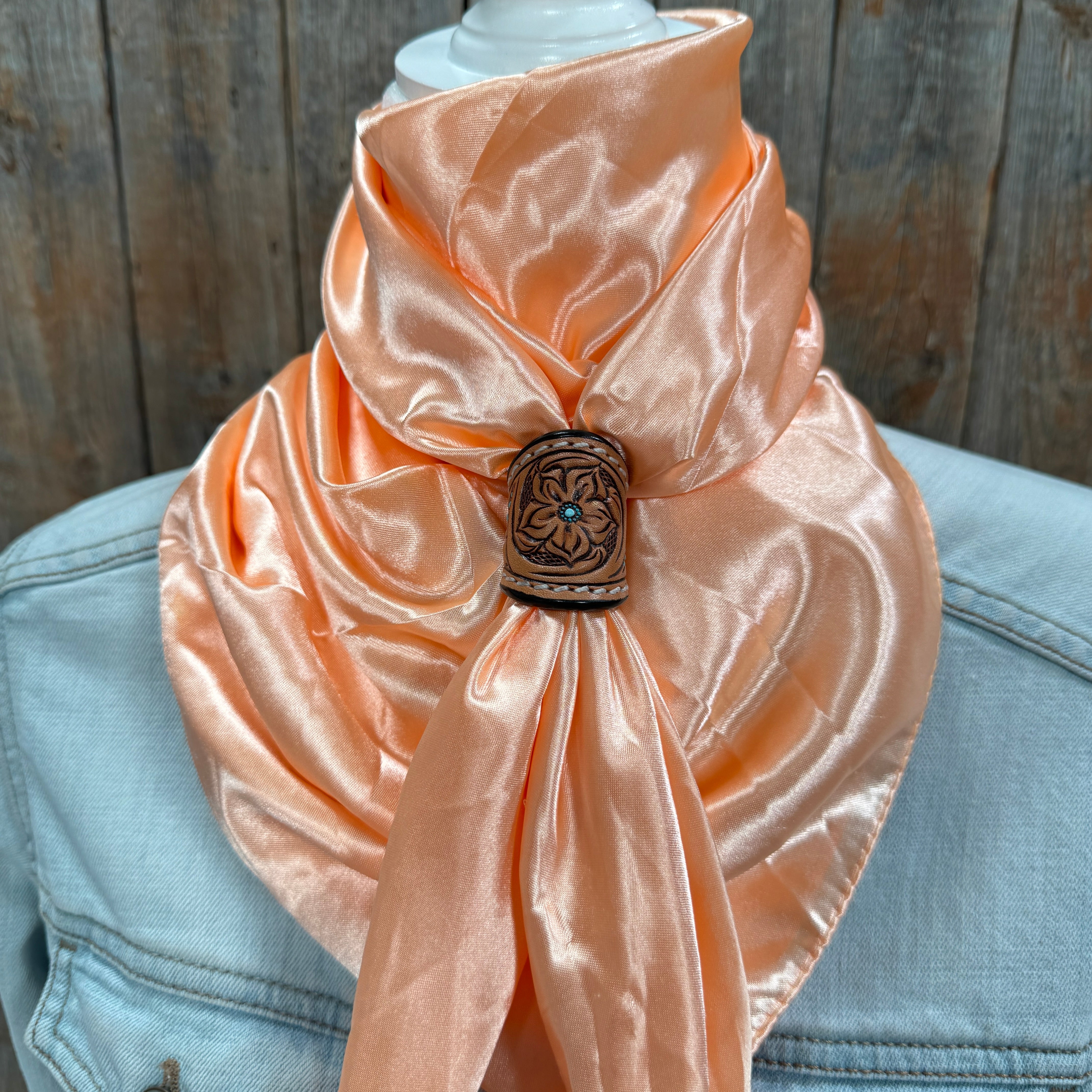 35X35" Solid Peach Wild Rag / Scarf WRS24 - Tooled Leather Wild Rag Slides - Assorted