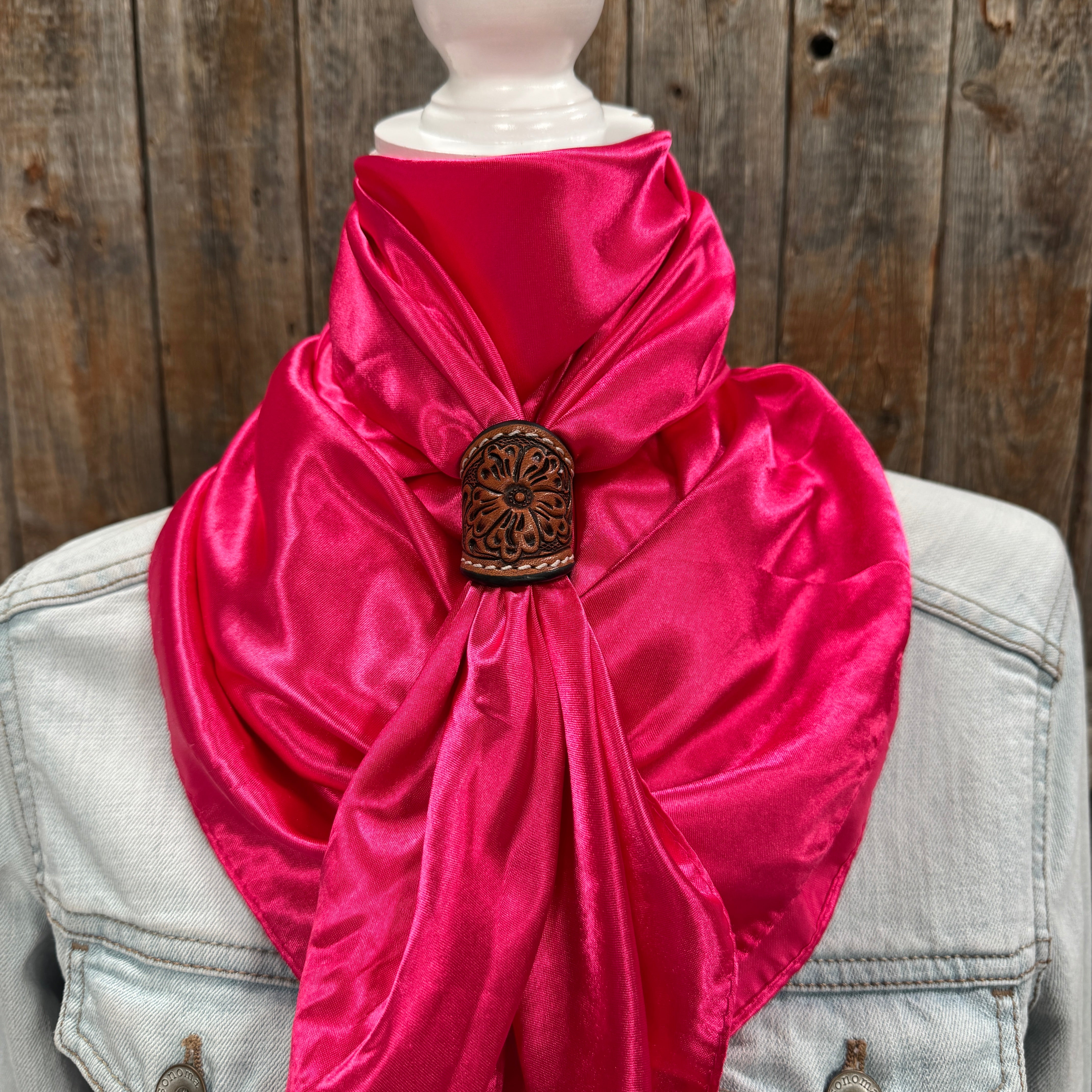 35X35" Solid Hot Pink Wild Rag / Scarf WRS25 - Tooled Leather Wild Rag Slides - Assorted