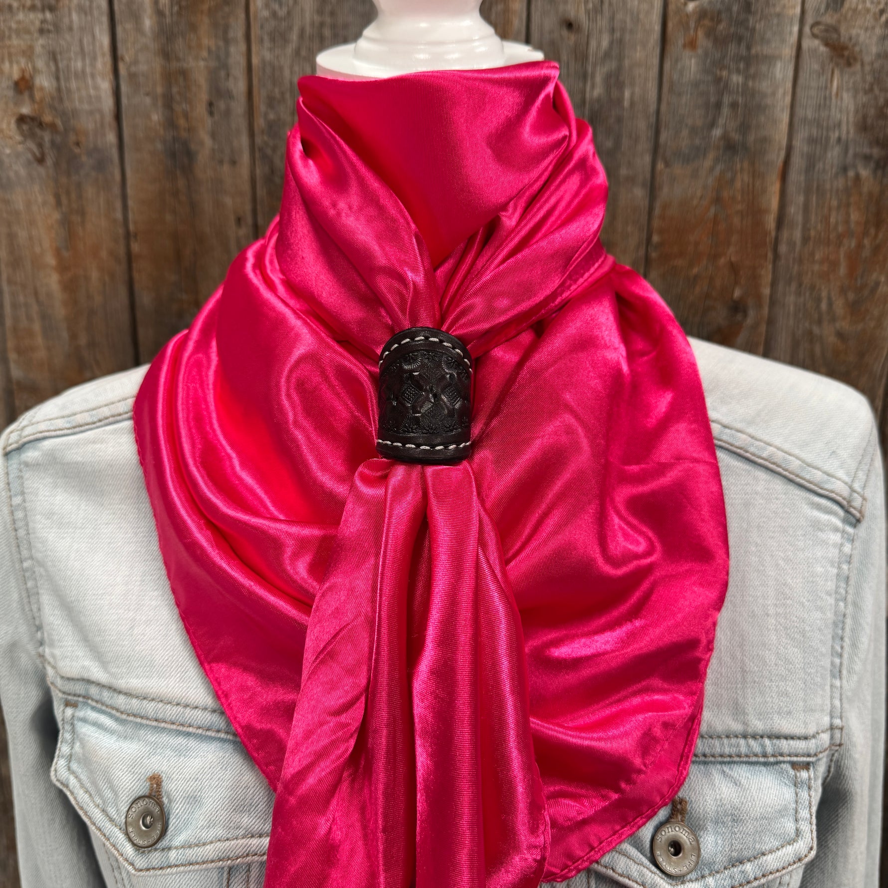 35X35" Solid Hot Pink Wild Rag / Scarf WRS25 - Tooled Leather Wild Rag Slides - Assorted