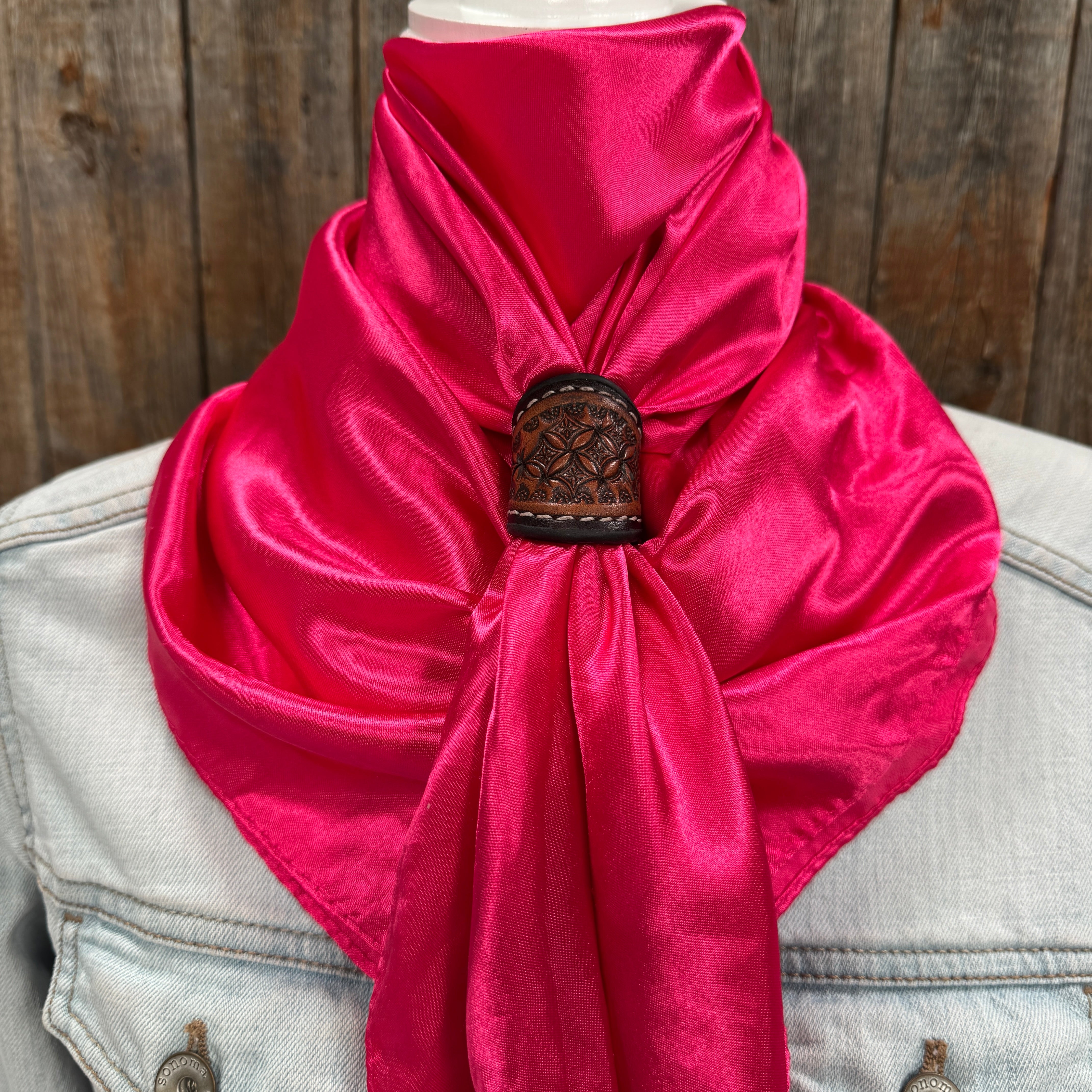 35X35" Solid Hot Pink Wild Rag / Scarf WRS25 - Tooled Leather Wild Rag Slides - Assorted