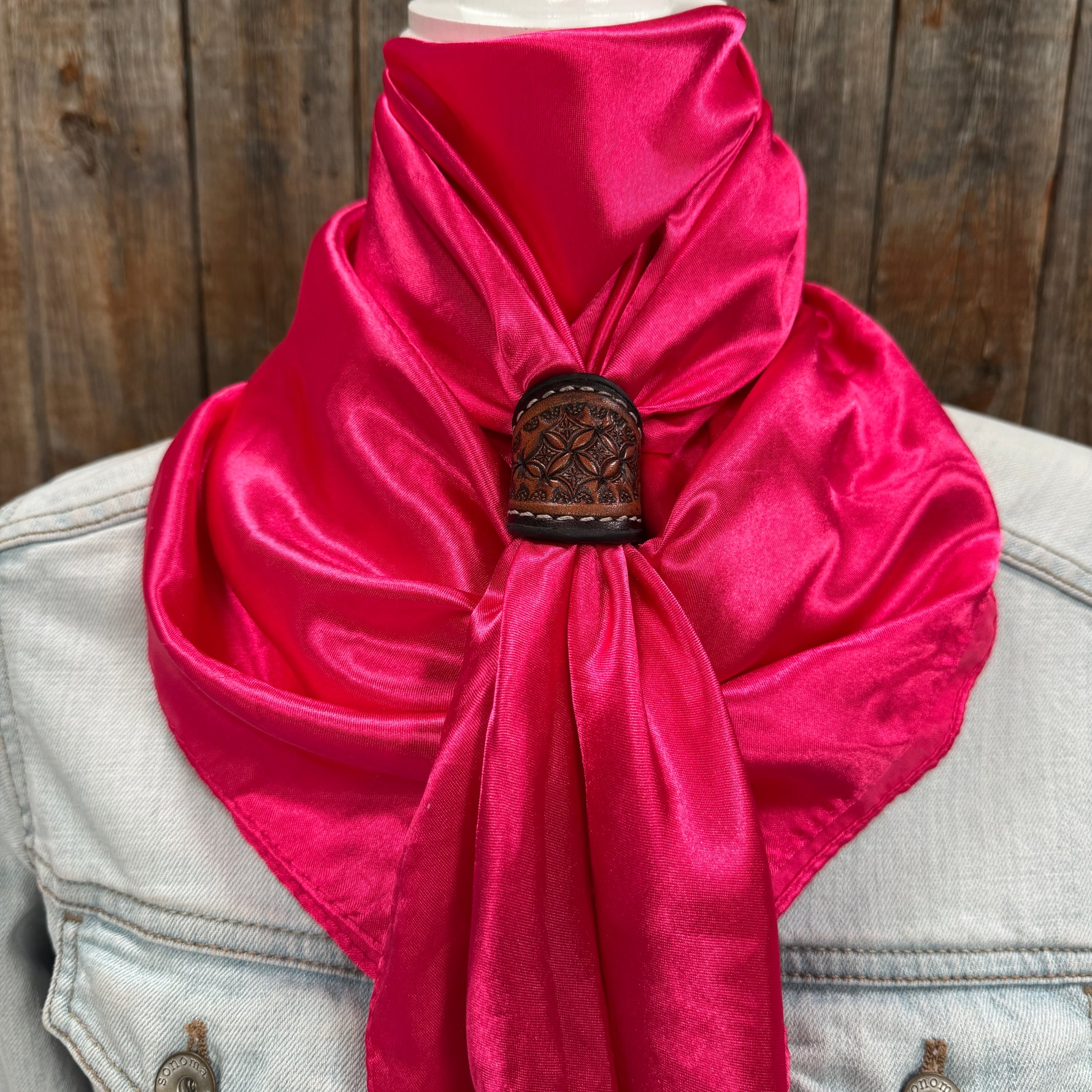35X35" Solid Hot Pink Wild Rag / Scarf WRS25 - Tooled Leather Wild Rag Slides - Assorted